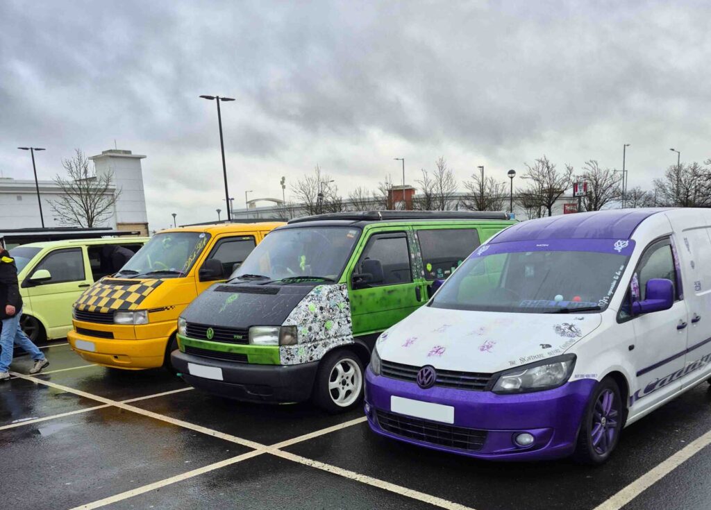 Dan's VW T4 Campervan Story Elain Midlands Dub Club and Real Van Life 5 VW T4 Elain parked in a lineup with other Volkswagen vans at a UK meet
