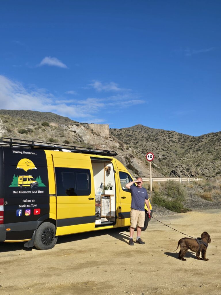 Van Life Europe: Mark, Nikki & Sid’s Journey | Choosing Freedom on the Road 1 Mercedes Sprinter camper van parked roadside in Europe during full time van life journey