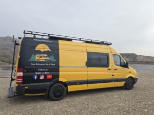 van life Europe Mercedes Sprinter campervan Chloé parked in mountain landscape