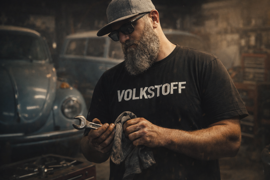 VW culture garage workshop lifestyle with Volkswagen enthusiast wearing Volkstoff clothing