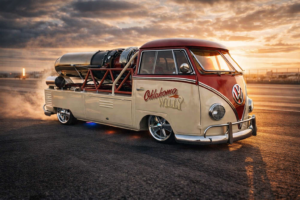 Oklahoma Willy jet powered Volkswagen drag bus photographed on a runway at sunset