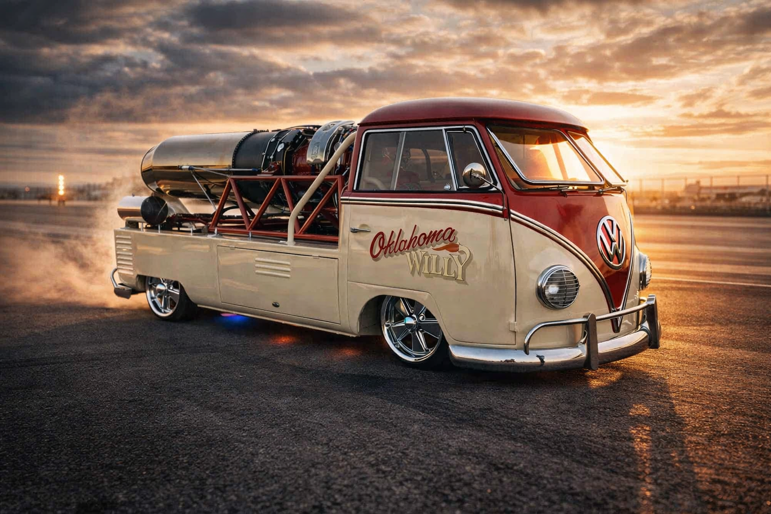 Oklahoma Willy jet powered Volkswagen drag bus photographed on a runway at sunset