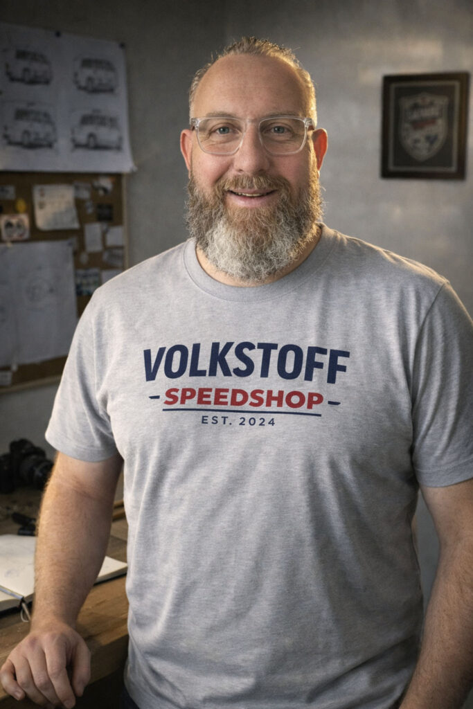 Oli Volkstoff designer wearing Volkstoff Speedshop T-shirt in automotive workshop studio