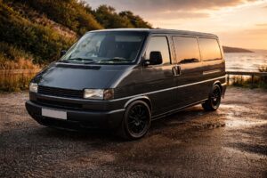 Grey VW T4 campervan Chase parked near the coast representing the VW campervan lifestyle