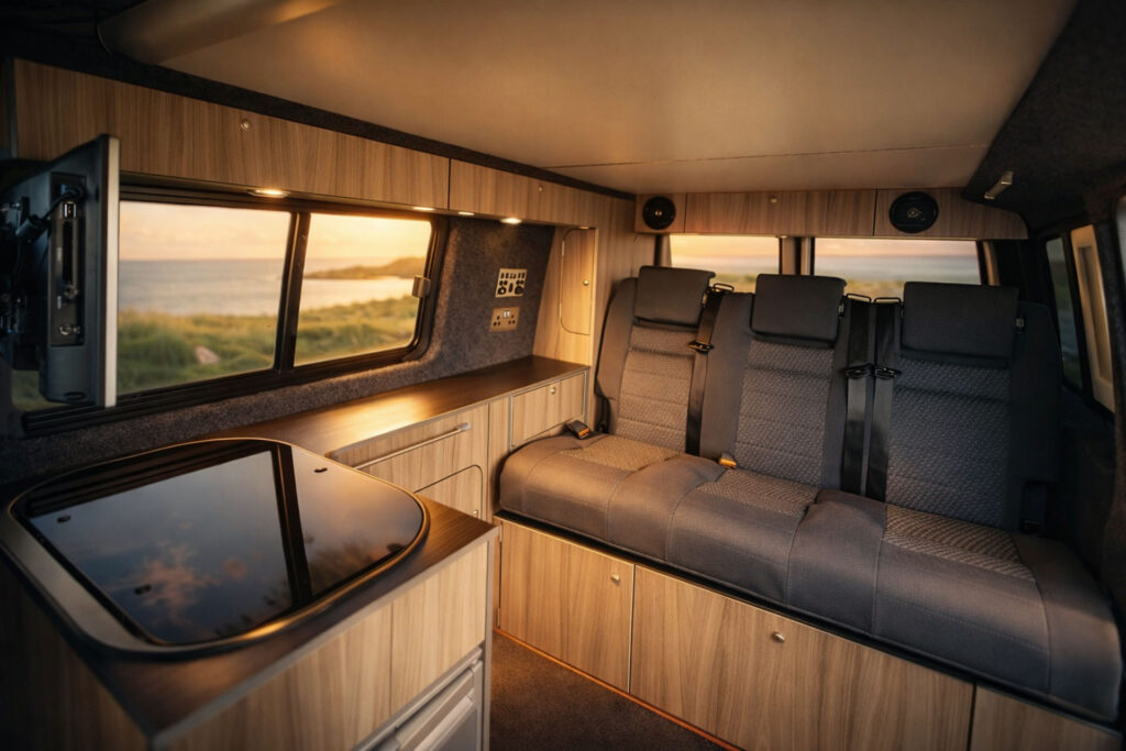 Volkswagen campervan interior kitchen and bed setup