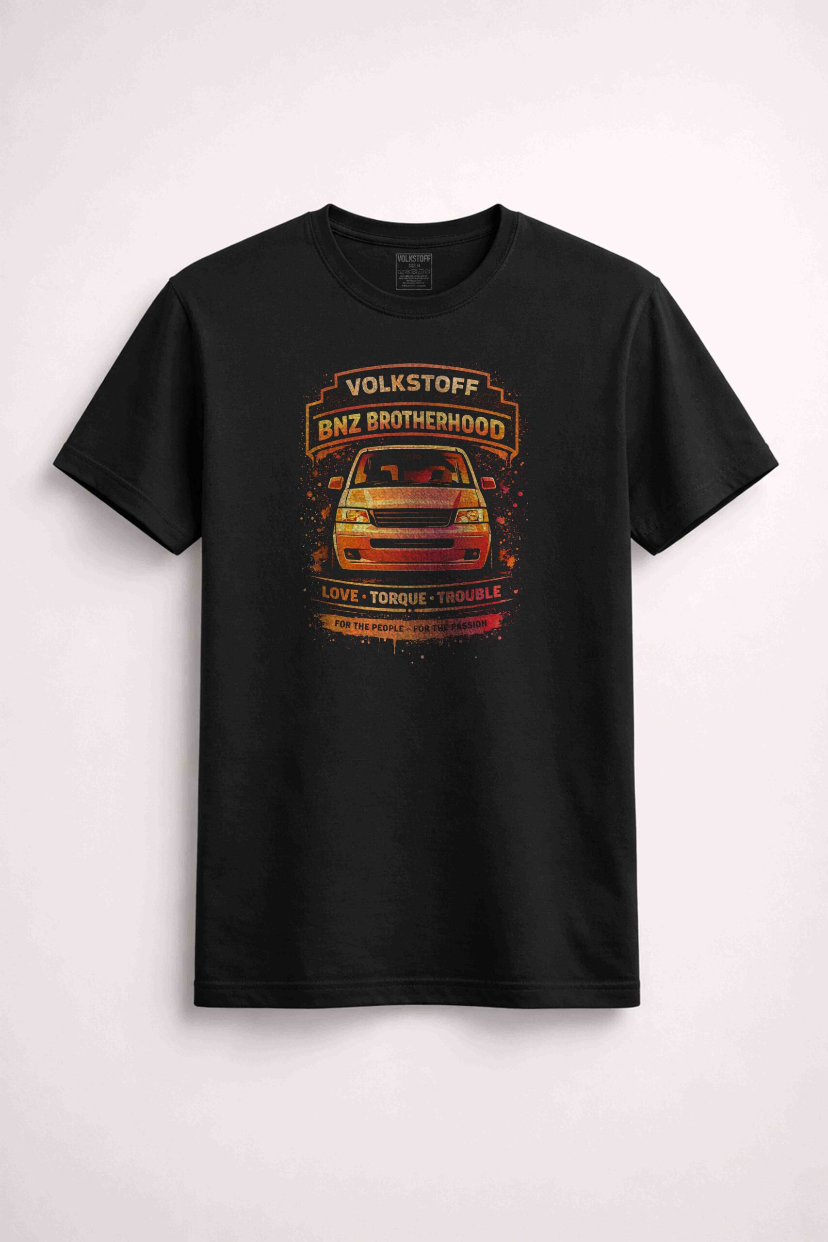 Volkstoff BNZ Brotherhood Front Print T Shirt 5 Volkstoff BNZ Brotherhood Front Print T Shirt black front view sunset colour Volkswagen Transporter chest graphic