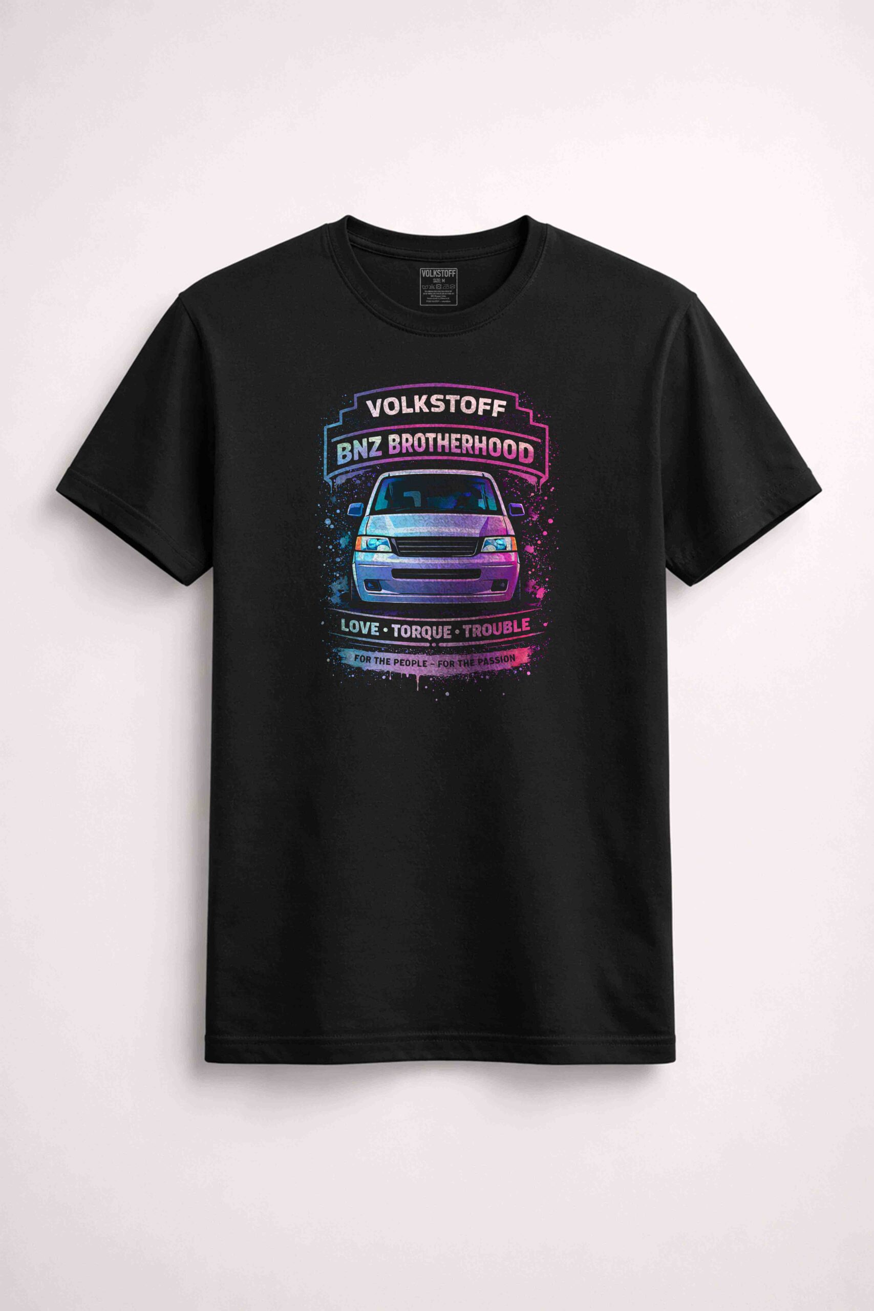 Volkstoff BNZ Brotherhood Front Print T Shirt 3 Volkstoff BNZ Brotherhood Front Print T Shirt black front view neon gradient Volkswagen Transporter chest graphic
