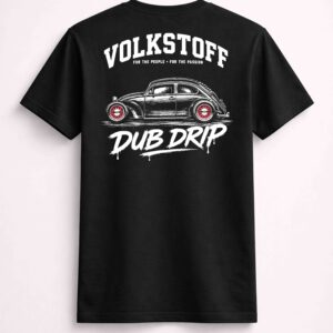 Volkstoff Dub Drip Beetle Rat Rod T-Shirt black rear view featuring slammed VW Beetle Rat Rod artwork with red wheels