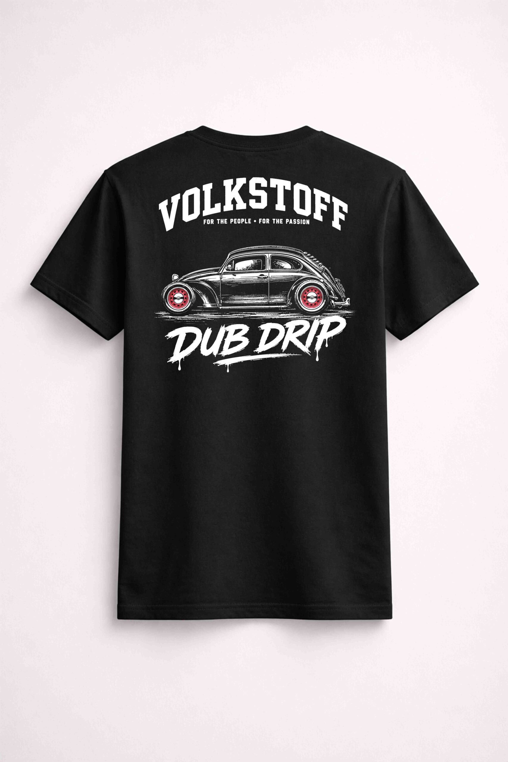 Volkstoff Dub Drip Beetle Rat Rod T-Shirt 1 Volkstoff Dub Drip Beetle Rat Rod T-Shirt black rear view featuring slammed VW Beetle Rat Rod artwork with red wheels