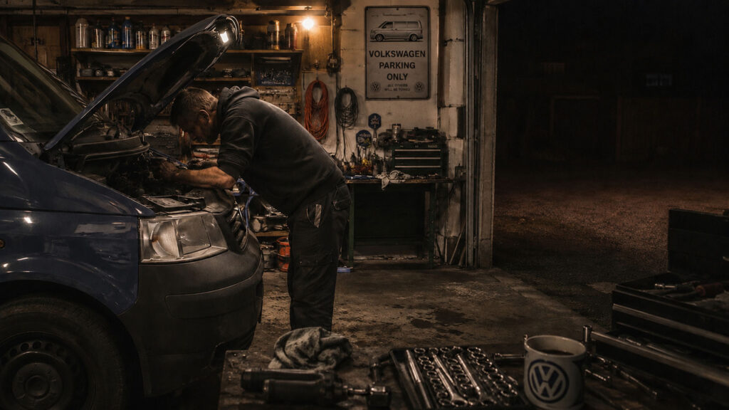 VW Garage Culture: The Late Nights, Projects and Passion Behind Volkswagen Ownership 1 VW Transporter owner working late at night inside a garage repairing a van engine beside tools and coffee mug