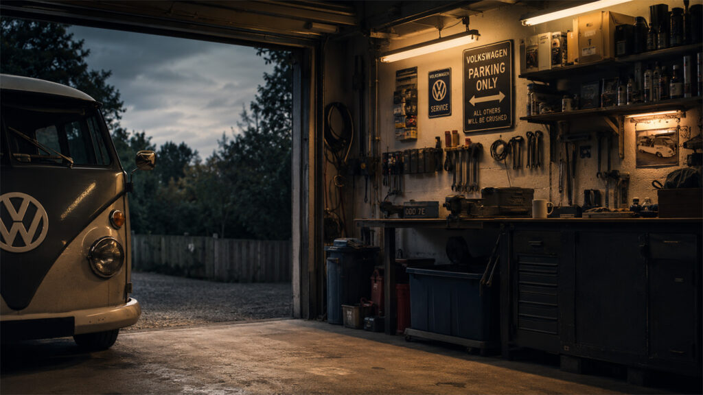 VW Garage Culture: The Late Nights, Projects and Passion Behind Volkswagen Ownership 4 Classic Volkswagen split screen camper parked inside a warmly lit enthusiast garage workshop at dusk