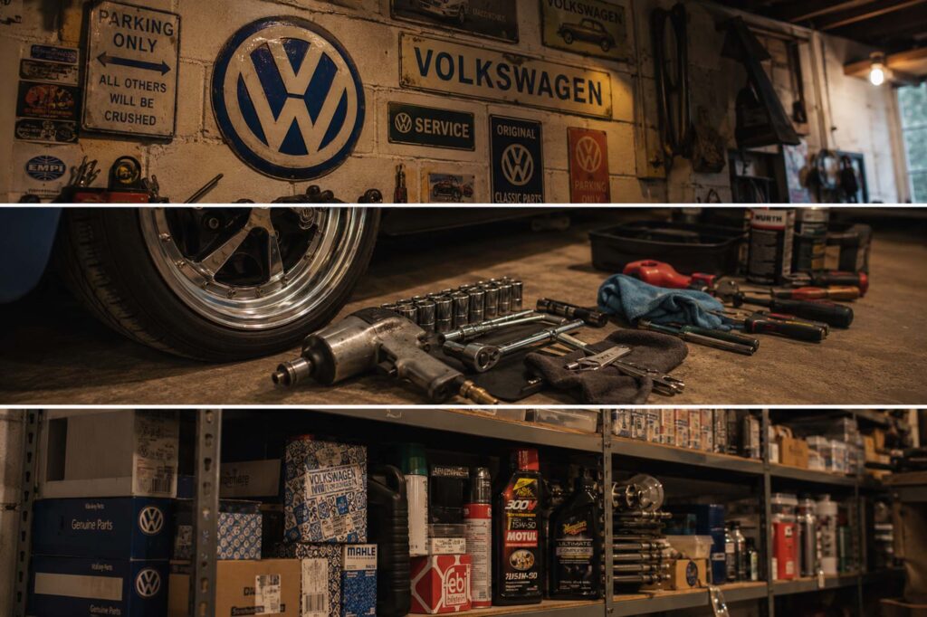 VW Garage Culture: The Late Nights, Projects and Passion Behind Volkswagen Ownership 2 Close-up details of Volkswagen garage culture including tools, wheels, spare parts and workshop shelves inside a VW enthusiast garage