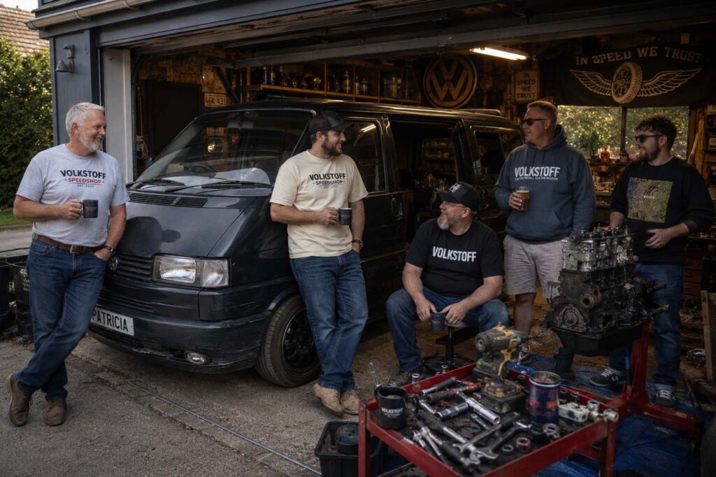 VW Garage Culture: The Late Nights, Projects and Passion Behind Volkswagen Ownership 3 Group of Volkswagen enthusiasts standing around a VW Transporter inside a home garage workshop drinking coffee and discussing a project build