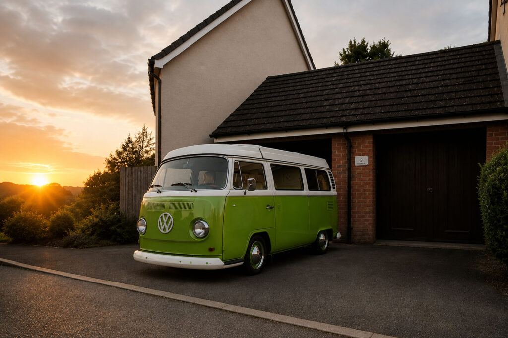 Classic green Volkswagen campervan parked outside a suburban garage at sunset representing VW garage culture and project van lifestyle