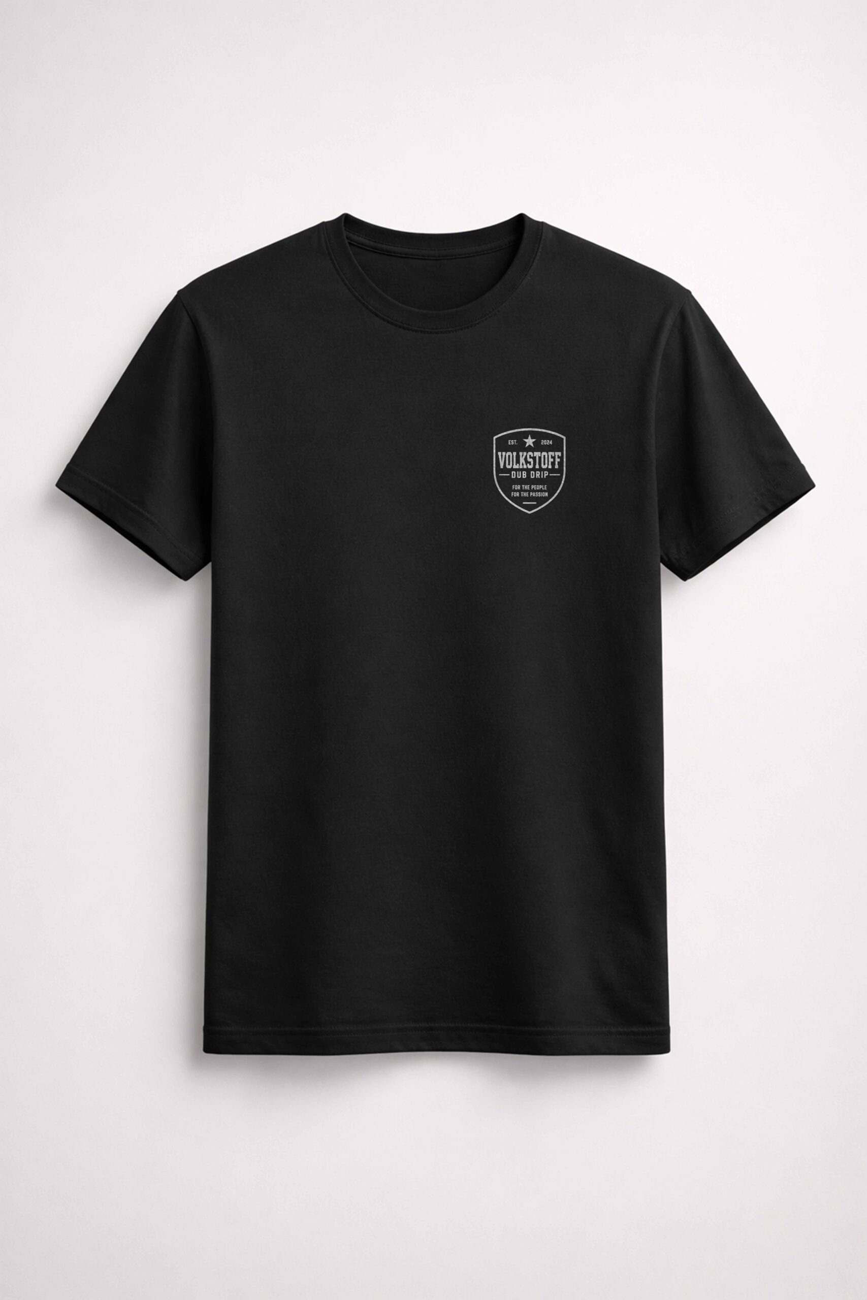 Volkstoff Dub Drip Beetle Rat Rod T-Shirt 2 Volkstoff Dub Drip Beetle Rat Rod T-Shirt black front view featuring white chest crest logo