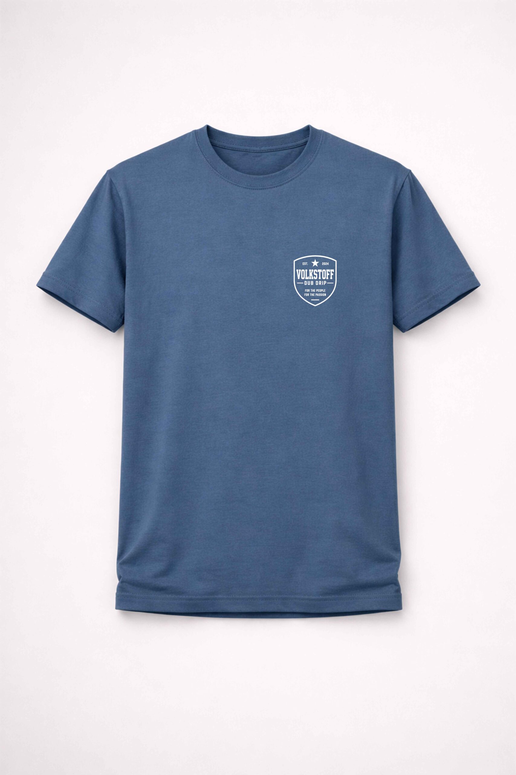 Volkstoff Dub Drip Beetle Rat Rod T-Shirt 4 Volkstoff Dub Drip Beetle Rat Rod T-Shirt indigo blue front view featuring white chest crest logo