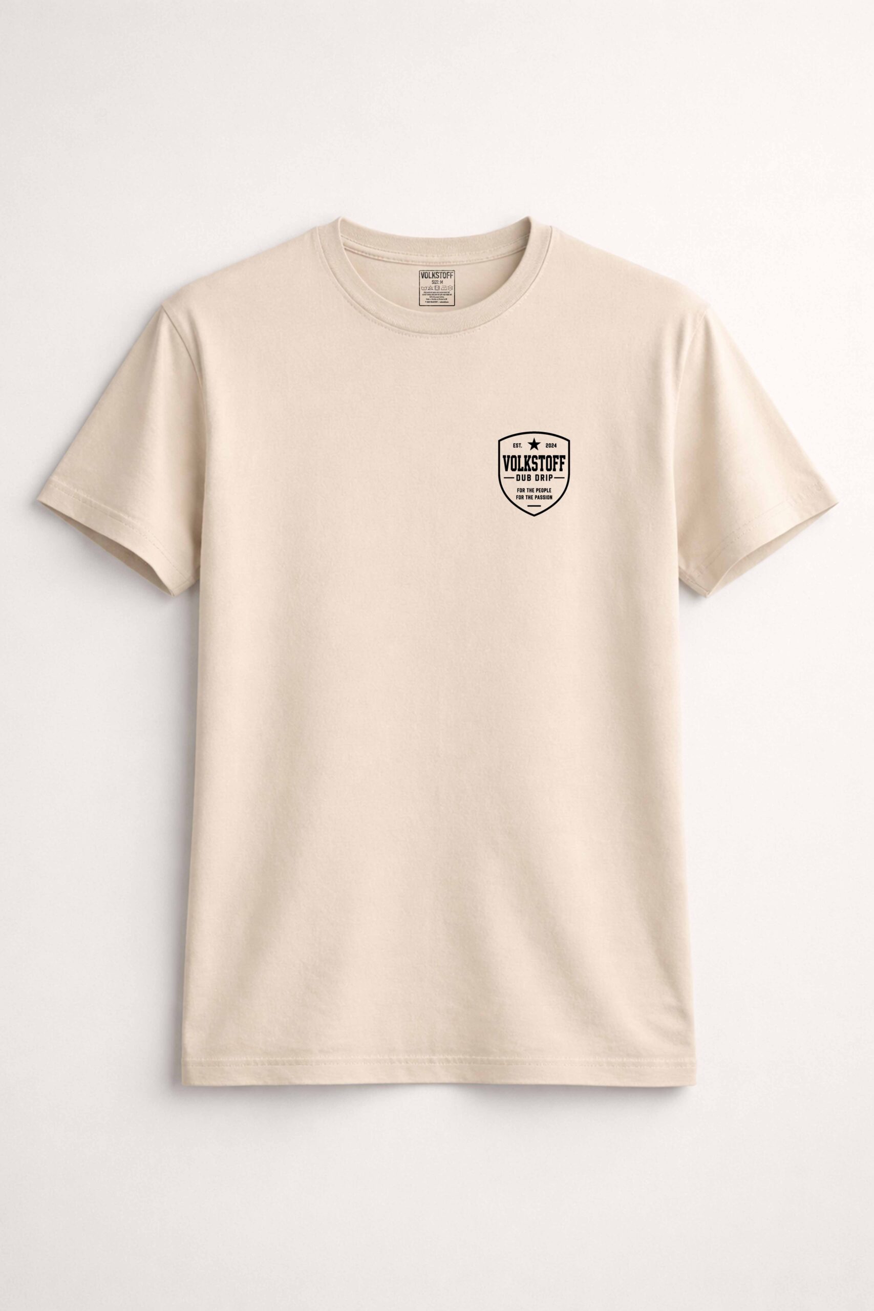 Volkstoff Dub Drip Beetle Rat Rod T-Shirt 8 Volkstoff Dub Drip Beetle Rat Rod T-Shirt sand front view featuring black chest crest logo