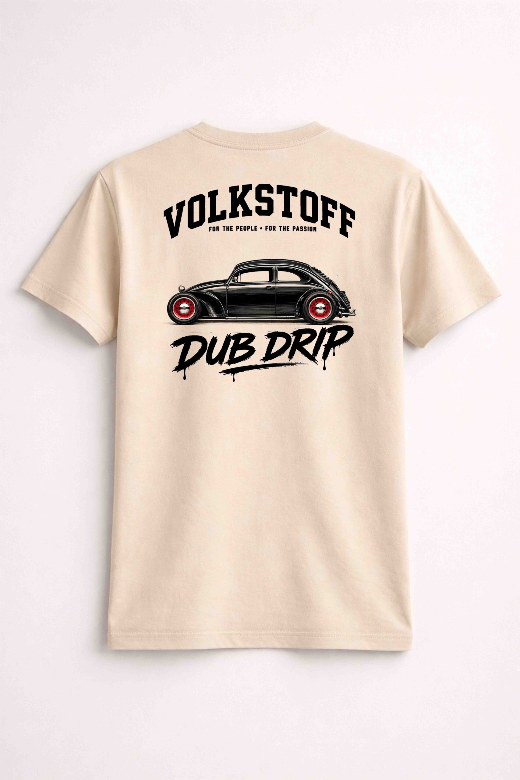 Volkstoff Dub Drip Beetle Rat Rod T-Shirt 7 Volkstoff Dub Drip Beetle Rat Rod T-Shirt sand rear view featuring lowered VW Beetle Rat Rod artwork with red wheel detailing