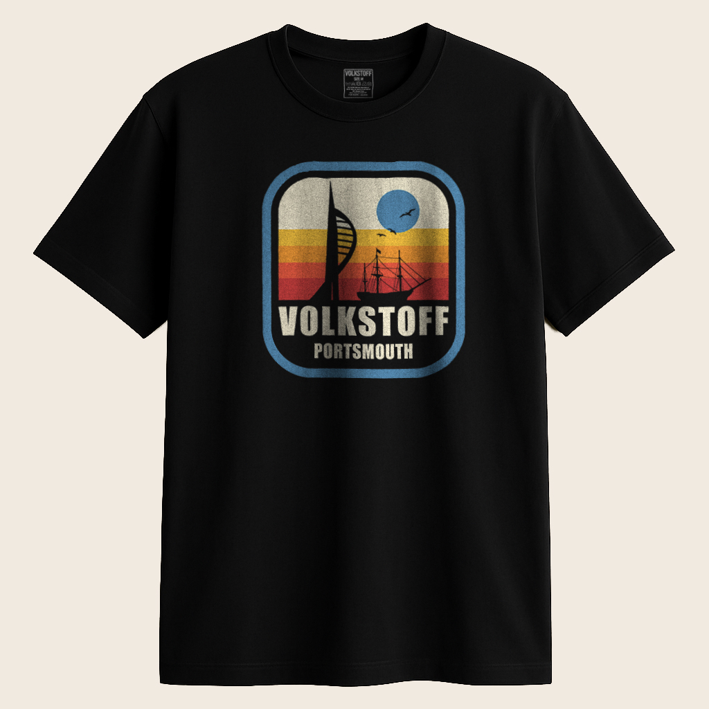 Volkstoff Portsmouth Spinnaker Retro T Shirt 7 Volkstoff Portsmouth Spinnaker Retro T Shirt black front view featuring vintage Spinnaker Tower and Portsmouth harbour sunset design