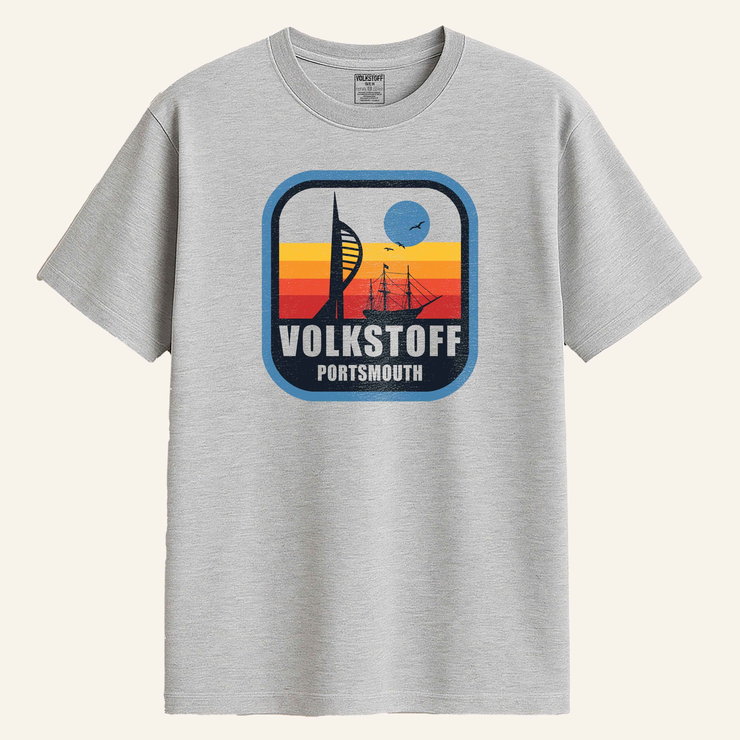 Volkstoff Portsmouth Spinnaker Retro T Shirt 5 Volkstoff Portsmouth Spinnaker Retro T Shirt sport grey front view featuring vintage Spinnaker Tower and Portsmouth harbour sunset design