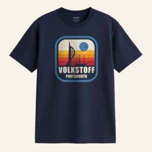Volkstoff Portsmouth Spinnaker Retro T Shirt navy front view featuring vintage Spinnaker Tower and Portsmouth harbour sunset design