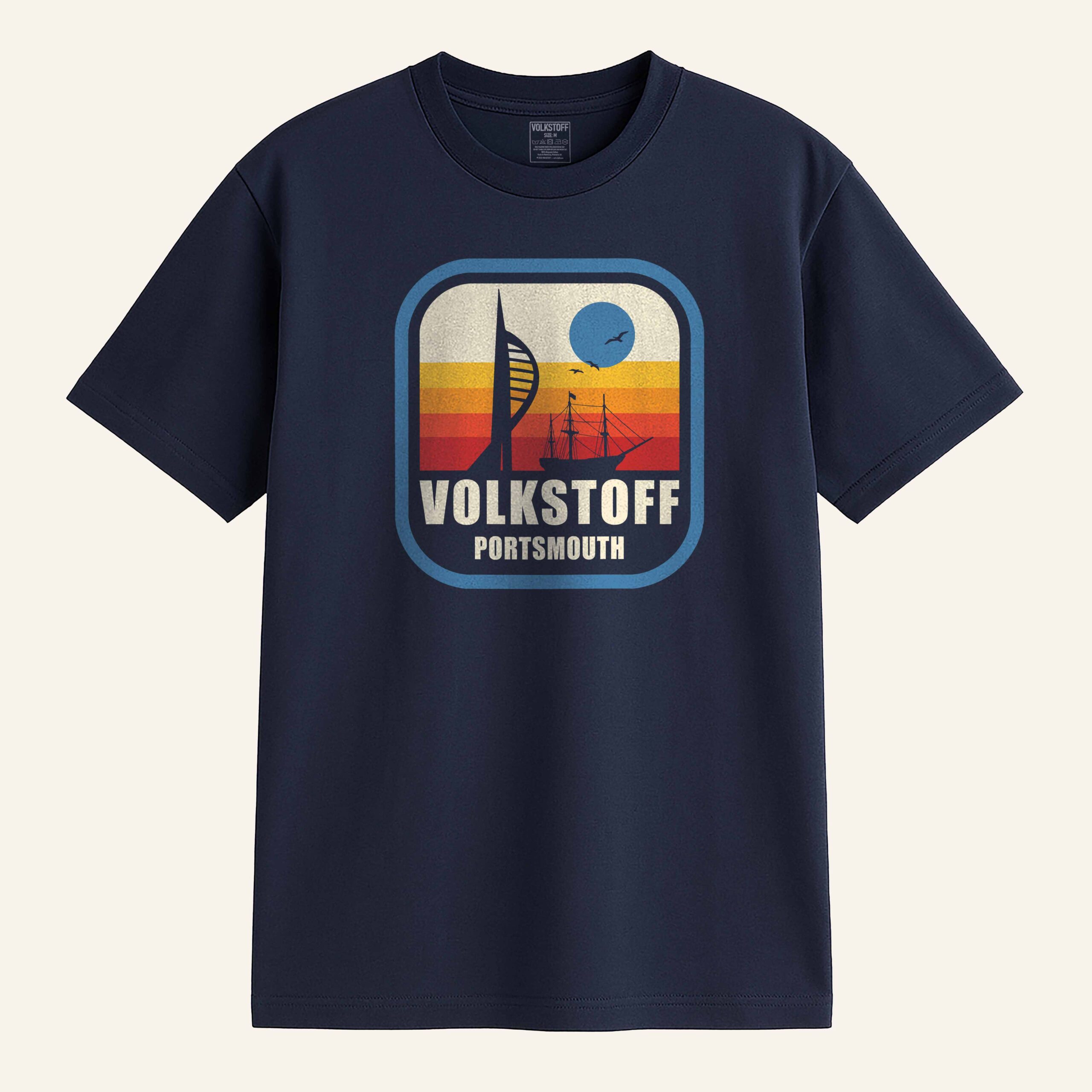 Volkstoff Portsmouth Spinnaker Retro T Shirt 1 Volkstoff Portsmouth Spinnaker Retro T Shirt navy front view featuring vintage Spinnaker Tower and Portsmouth harbour sunset design