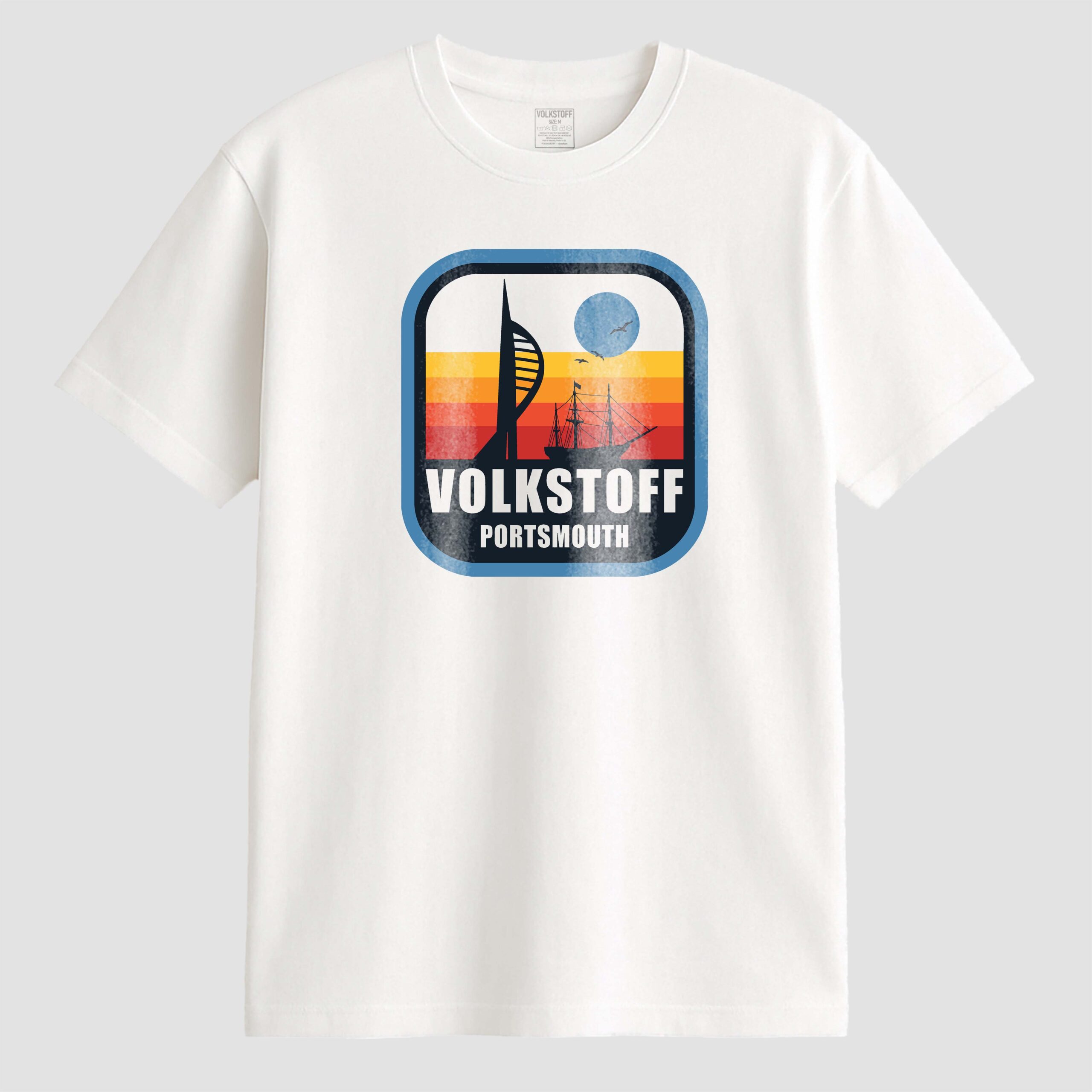 Volkstoff Portsmouth Spinnaker Retro T Shirt 3 Volkstoff Portsmouth Spinnaker Retro T Shirt white front view featuring vintage Spinnaker Tower and Portsmouth harbour sunset design