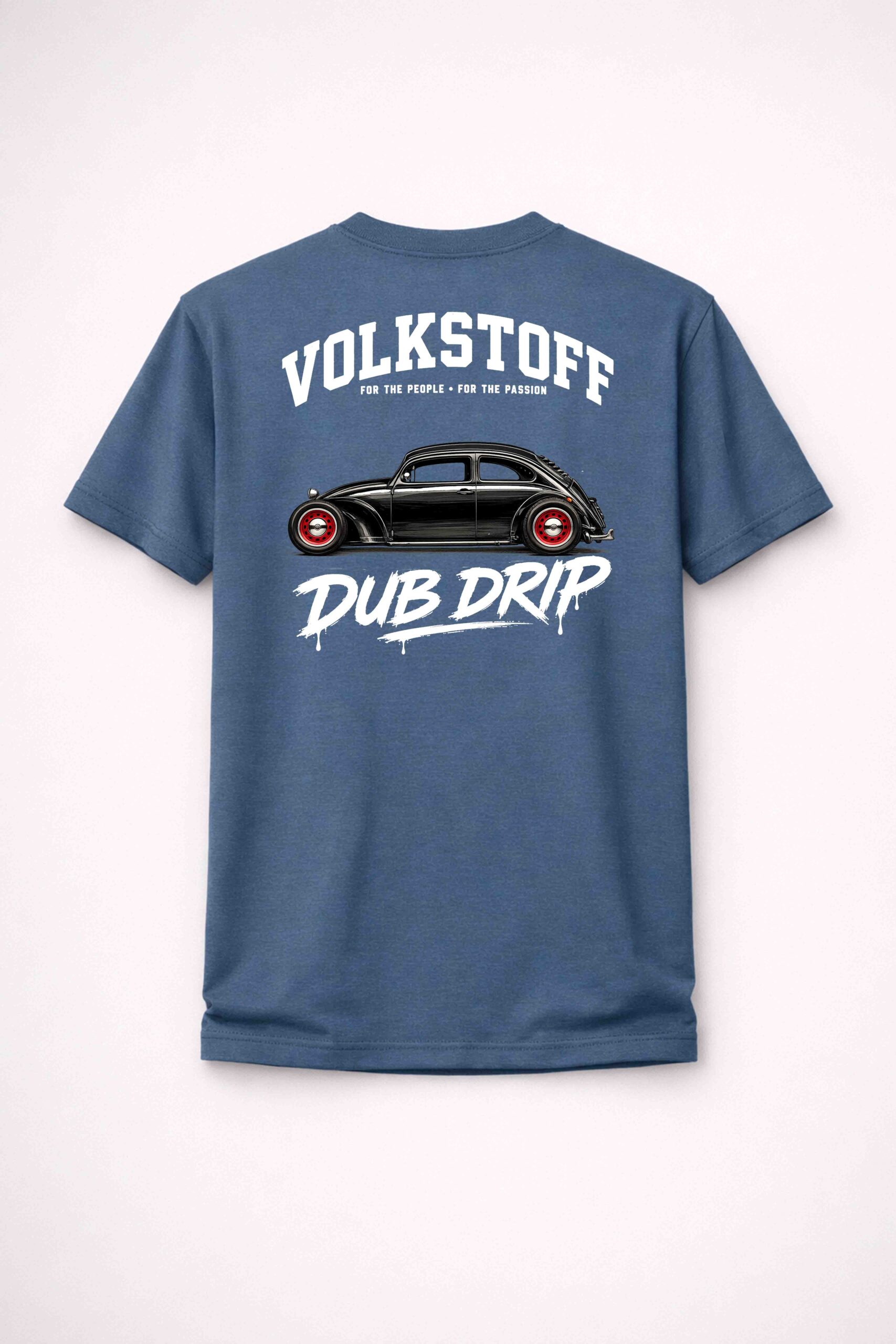Volkstoff Dub Drip Beetle Rat Rod T-Shirt 3 Volkstoff Dub Drip Beetle Rat Rod T-Shirt indigo blue rear view featuring slammed VW Beetle Rat Rod graphic and Dub Drip branding