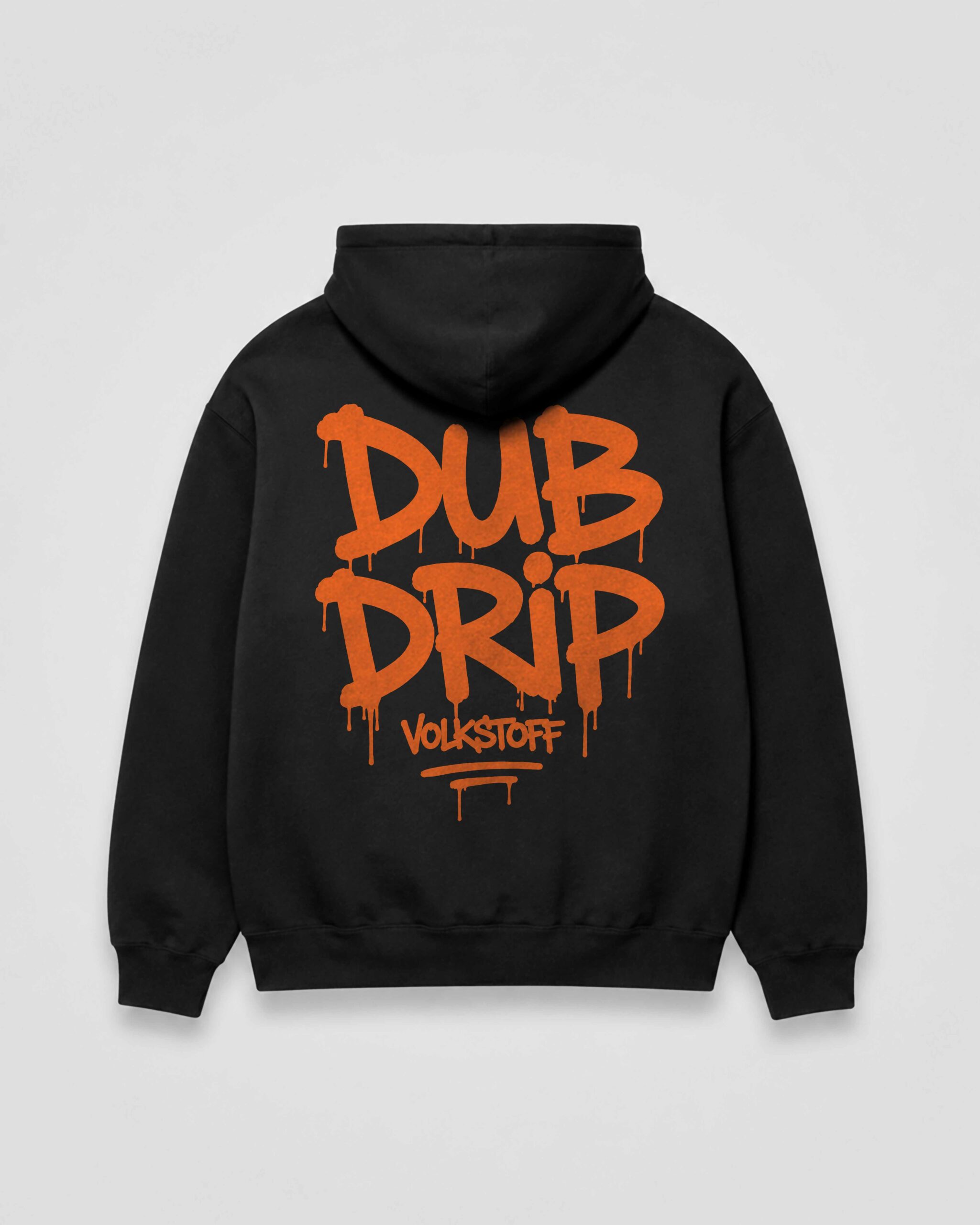 DUB DRIP Hoodie – Black 6 DUB DRIP Hoodie black rear view with burnt orange oversized graffiti back print