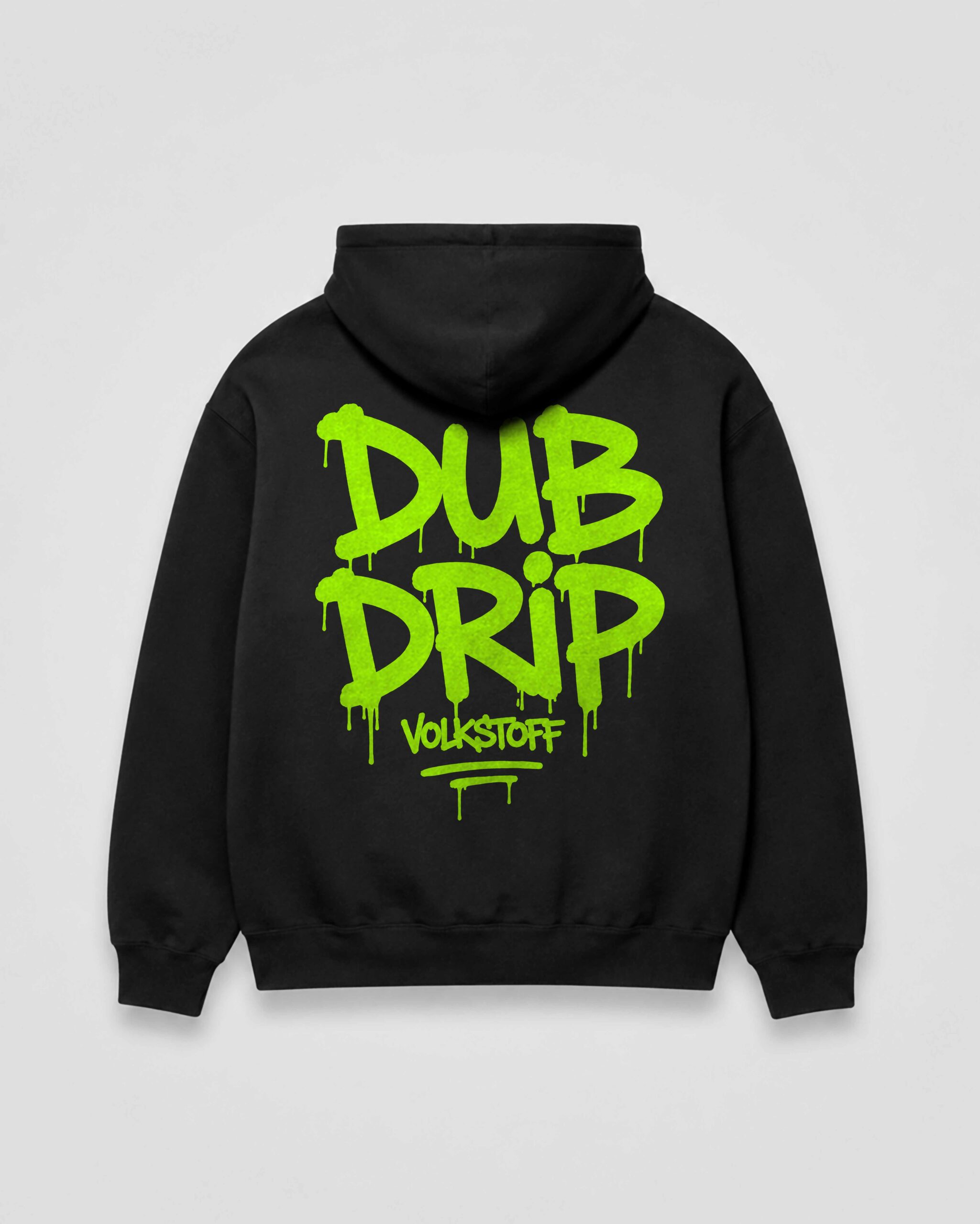 DUB DRIP Hoodie – Black 12 DUB DRIP Hoodie black rear view with toxic lime oversized graffiti back print