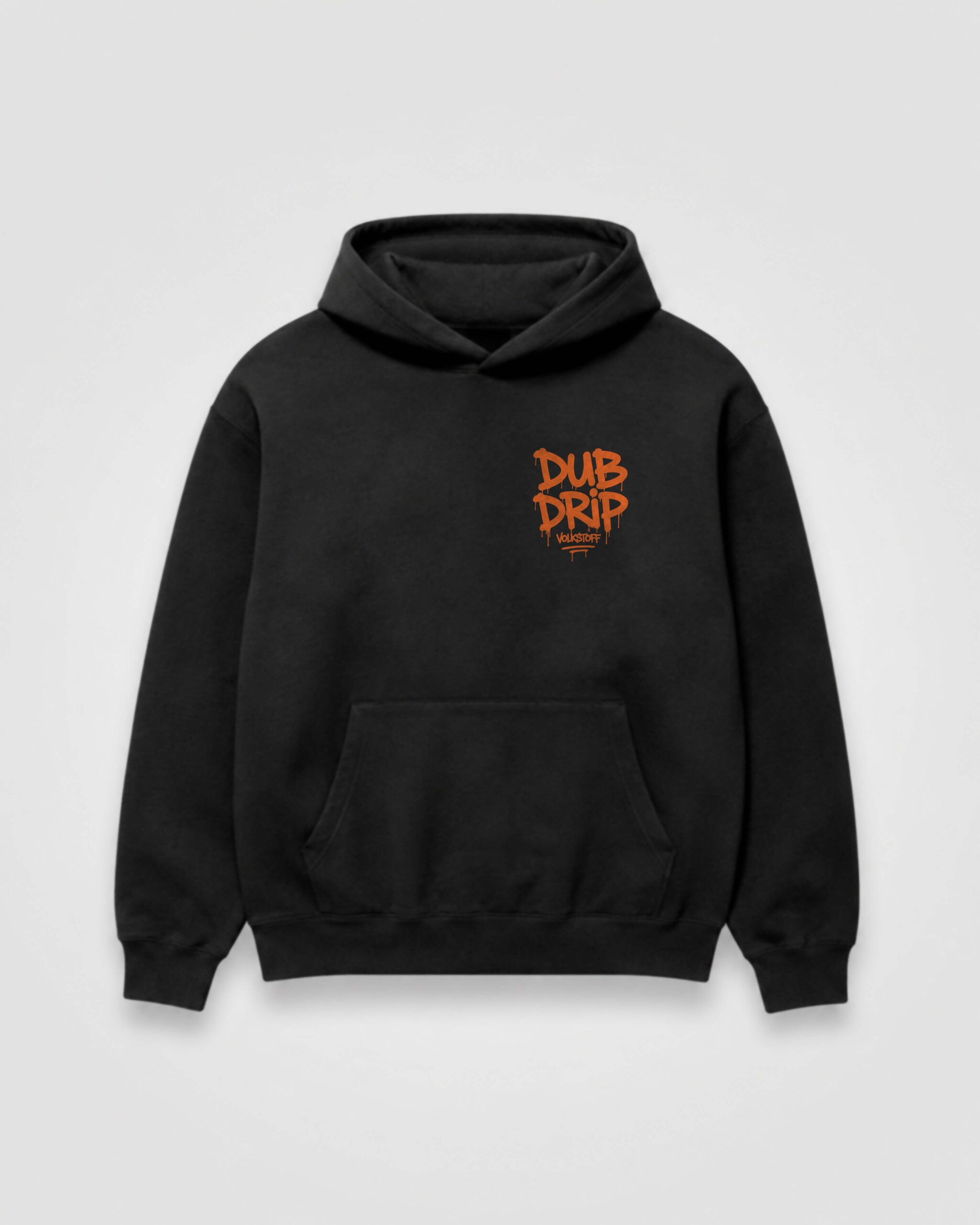 DUB DRIP Hoodie – Black 7 DUB DRIP Hoodie black front view with burnt orange graffiti chest logo design