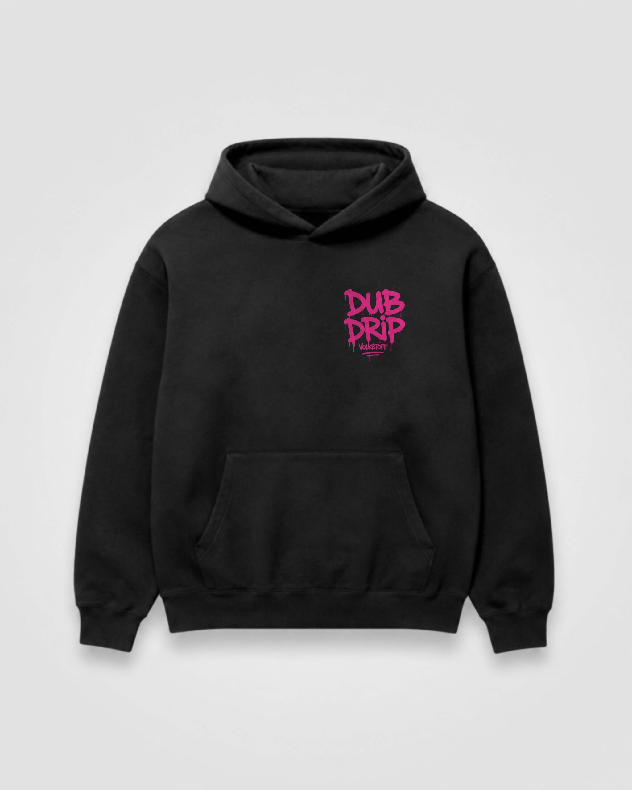 DUB DRIP Hoodie – Black 9 DUB DRIP Hoodie black front view with hot pink graffiti chest logo design