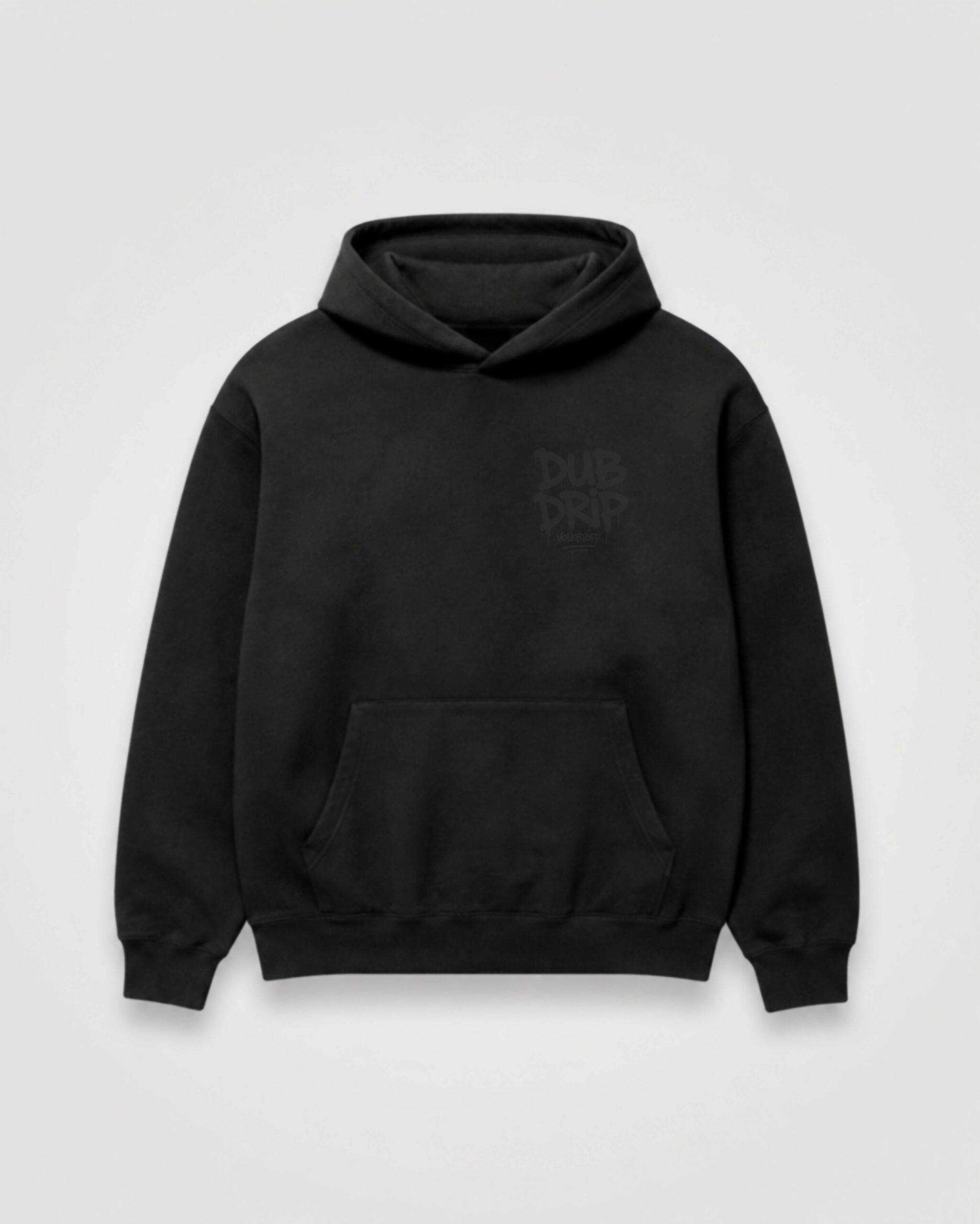 DUB DRIP Hoodie – Black 5 DUB DRIP Hoodie black front view with stealth grey graffiti chest logo design