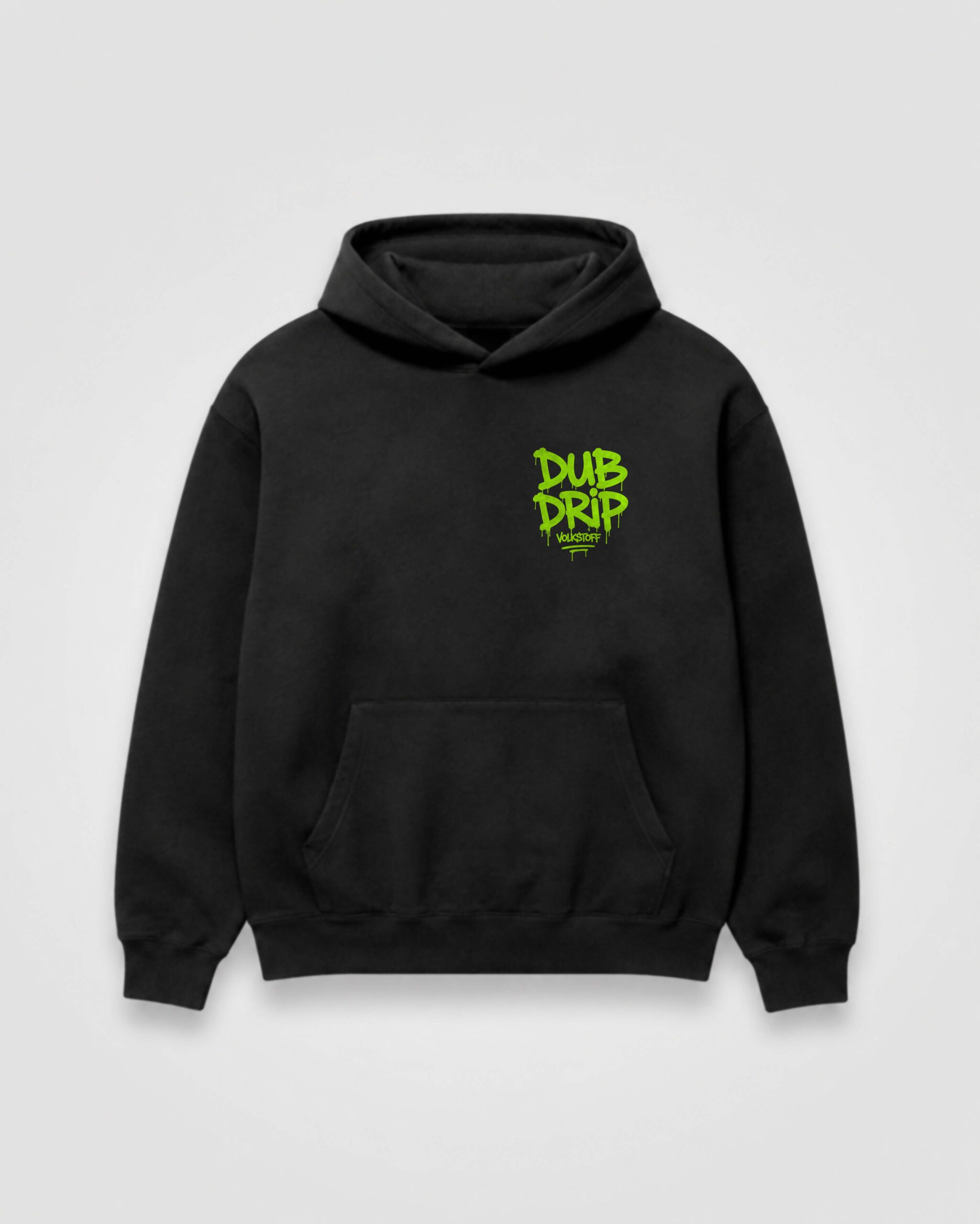 DUB DRIP Hoodie – Black 13 DUB DRIP Hoodie black front view with toxic lime graffiti chest logo design