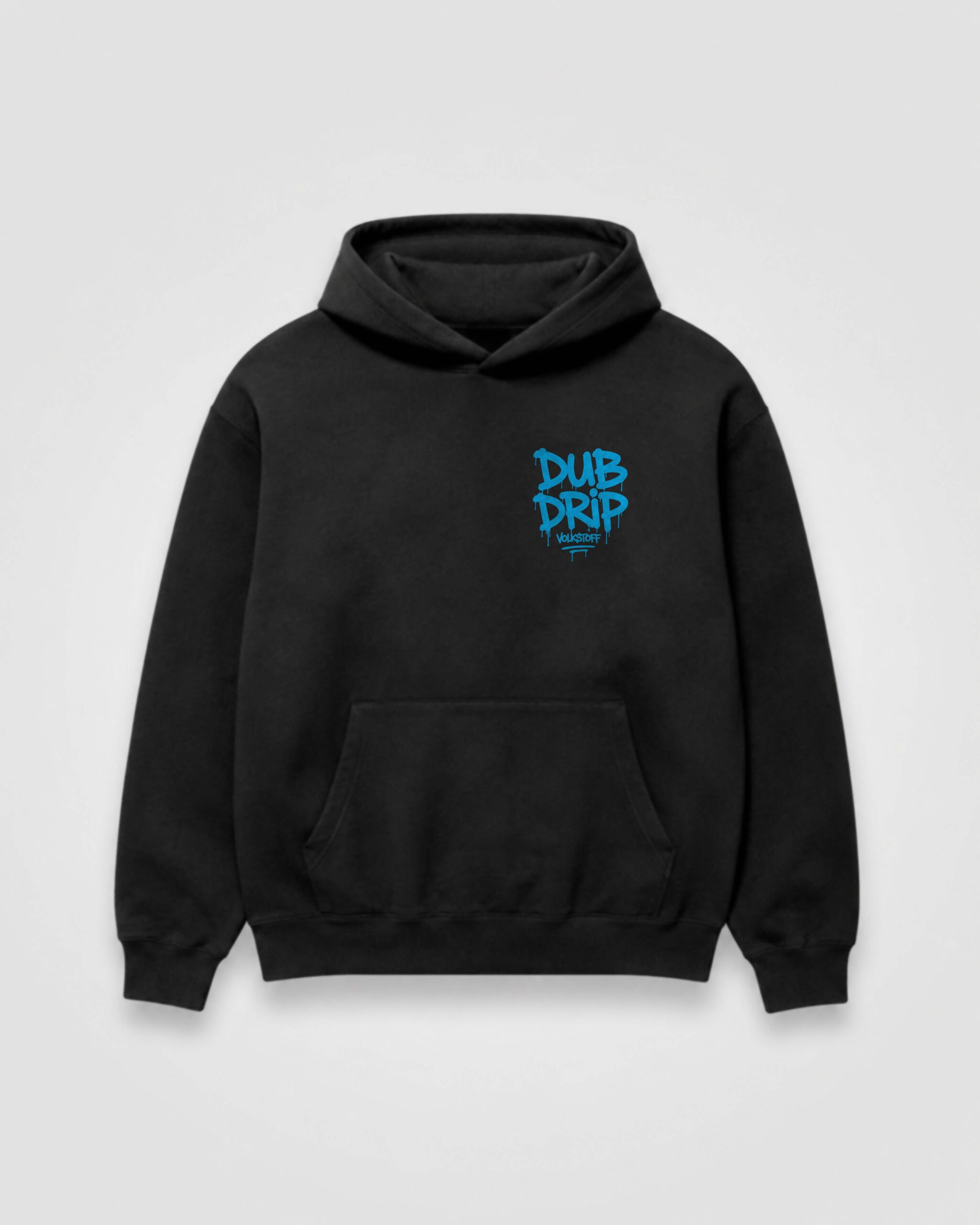 DUB DRIP Hoodie – Black 15 DUB DRIP Hoodie black front view with VS Blue graffiti chest logo design