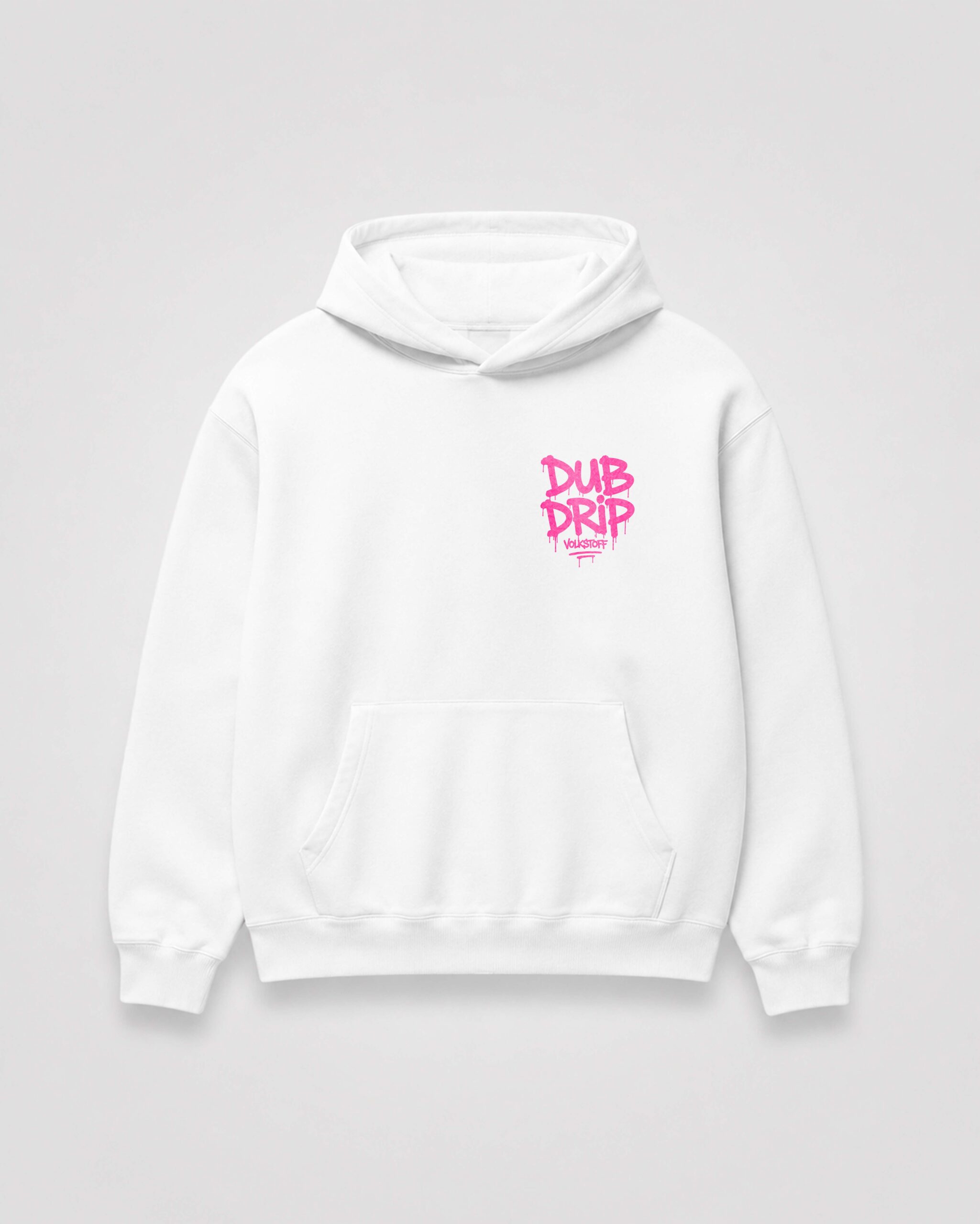 DUB DRIP Hoodie – White 7 DUB DRIP Hoodie – White front view with hot pink graffiti chest print