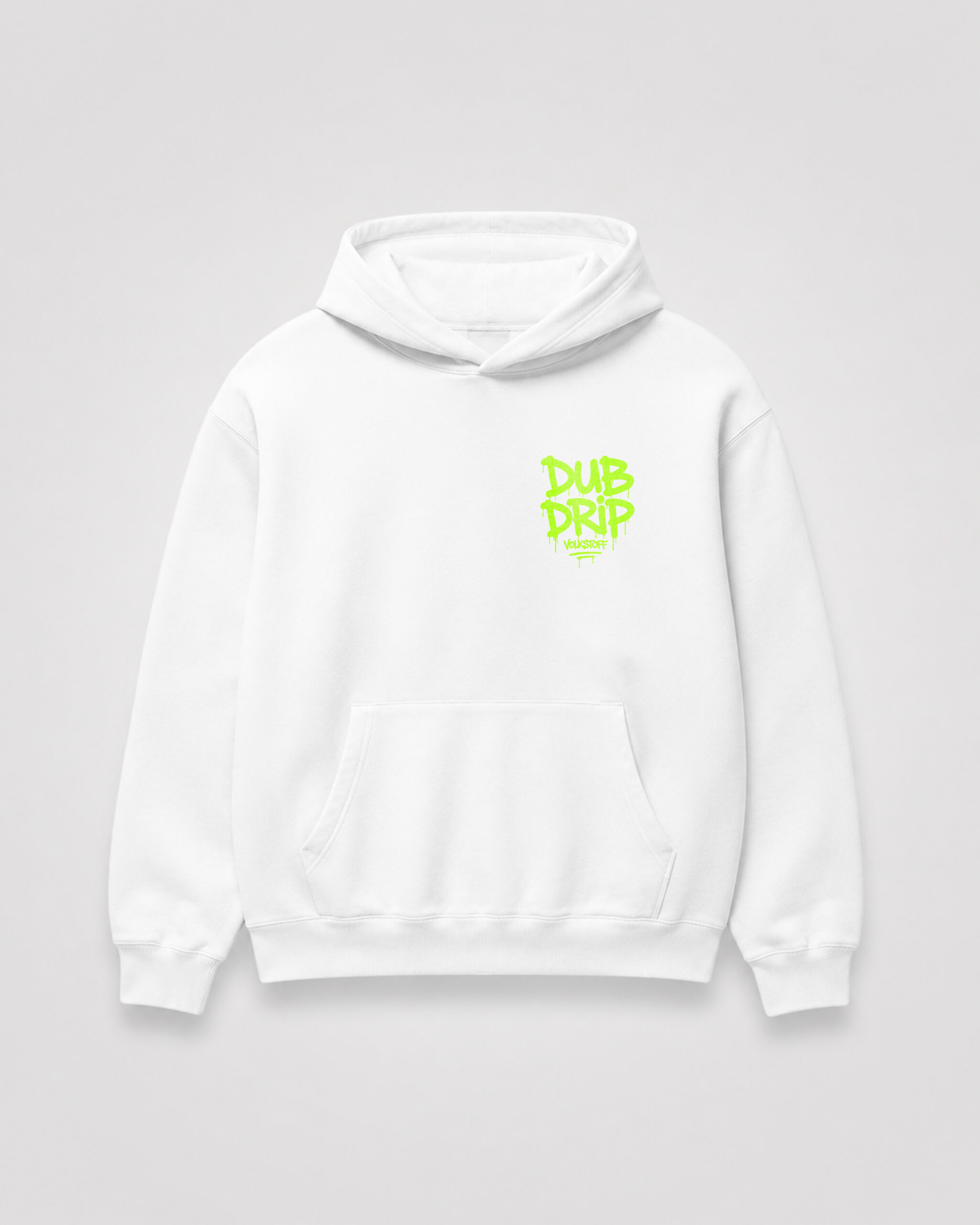 DUB DRIP Hoodie – White 11 DUB DRIP Hoodie – White front view with toxic lime graffiti chest print