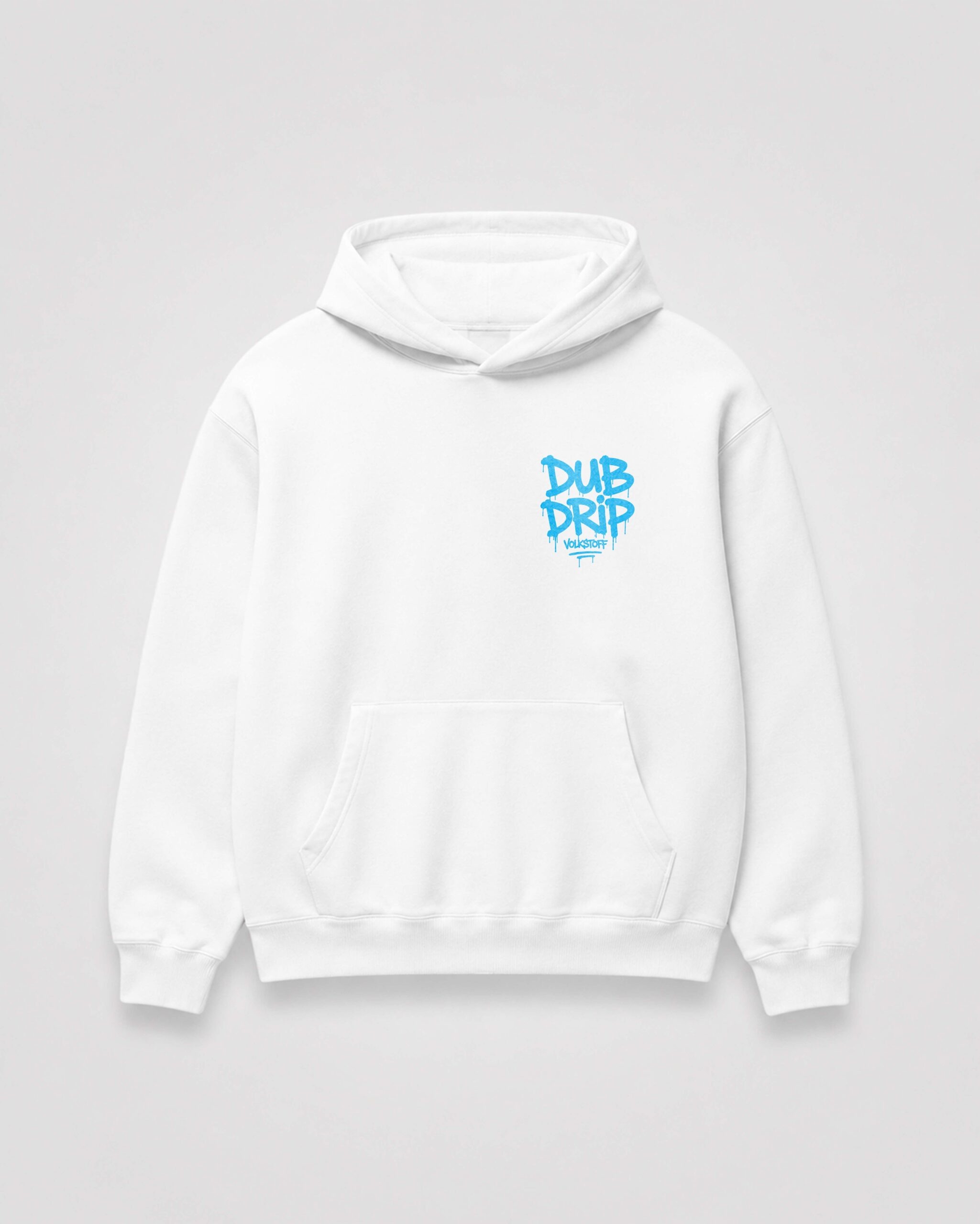 DUB DRIP Hoodie – White 13 DUB DRIP Hoodie – White front view with VS Blue graffiti chest print
