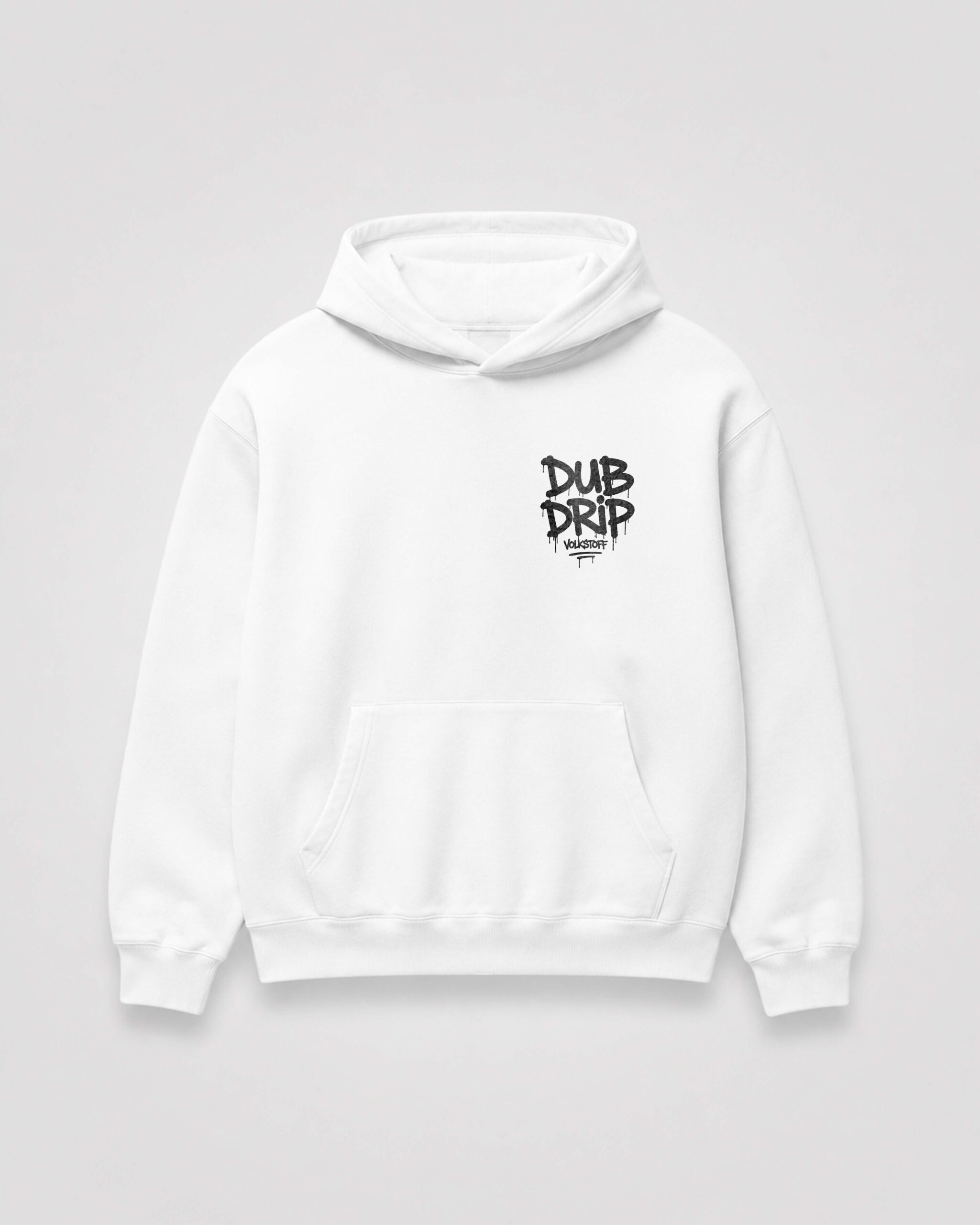 DUB DRIP Hoodie – White 3 DUB DRIP Hoodie – White front view with black graffiti chest print