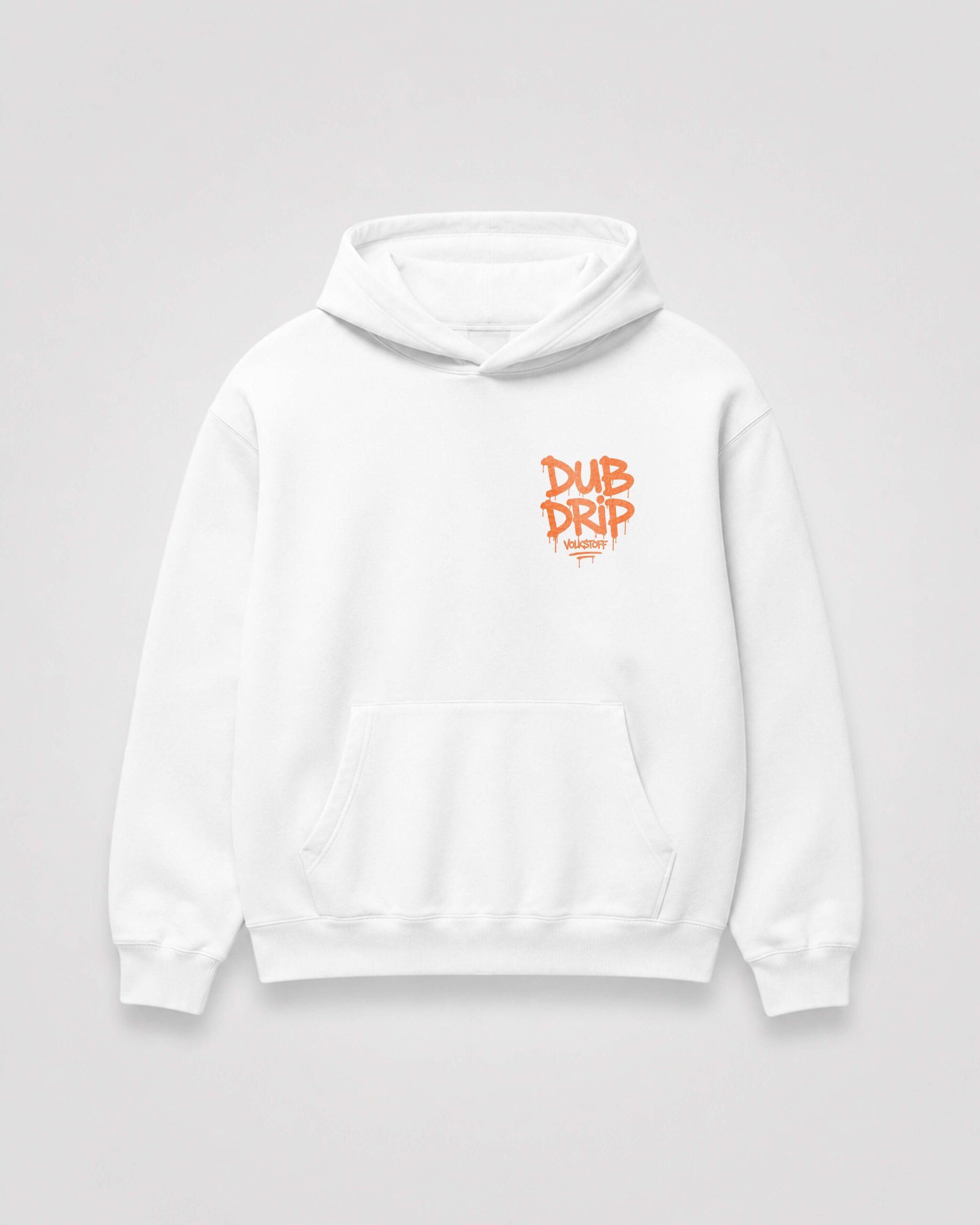 DUB DRIP Hoodie – White 5 DUB DRIP Hoodie – White front view with burnt orange graffiti chest print