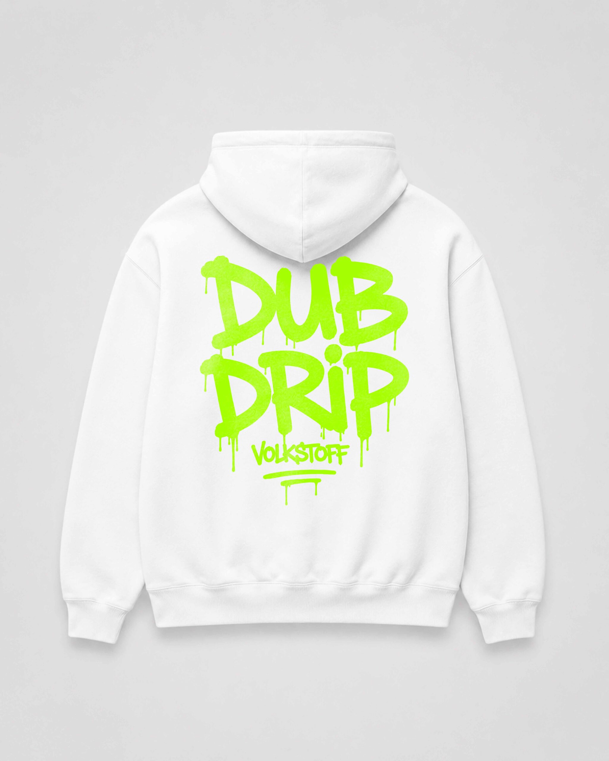 DUB DRIP Hoodie – White 10 DUB DRIP Hoodie – White rear view with toxic lime graffiti back print