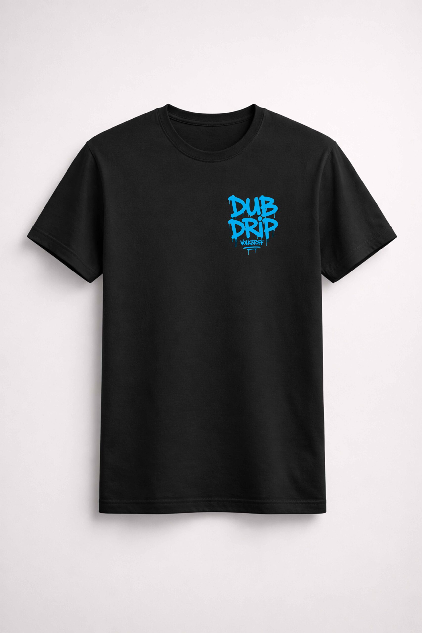 Dub Drip T Shirt – Black 2 Dub Drip T-Shirt – Black front view with electric blue left chest Dub Drip graffiti design
