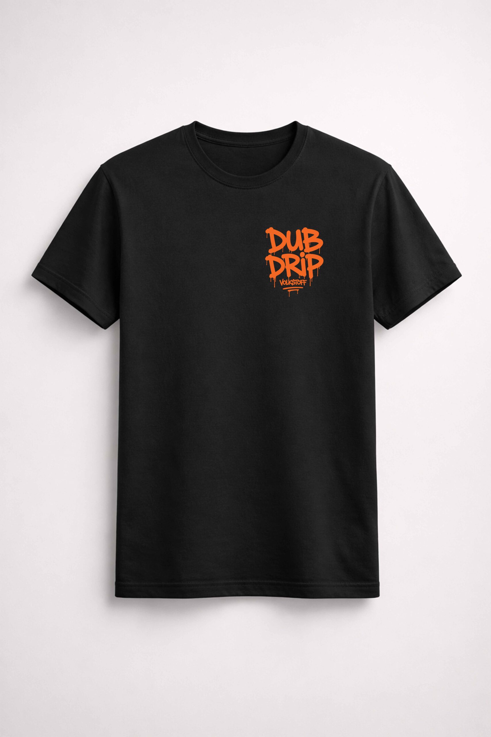 Dub Drip T Shirt – Black 16 Dub Drip T-Shirt – Black front view with burnt orange left chest Dub Drip graffiti design