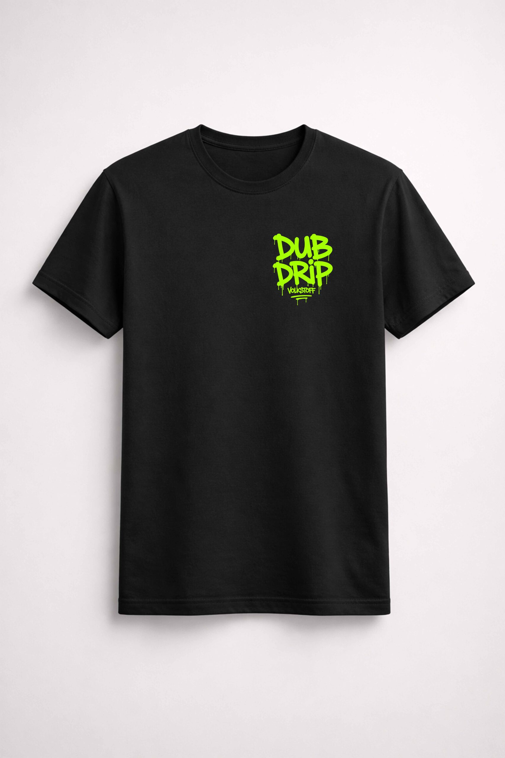 Dub Drip T Shirt – Black 6 Dub Drip T-Shirt – Black front view with toxic lime left chest Dub Drip graffiti design