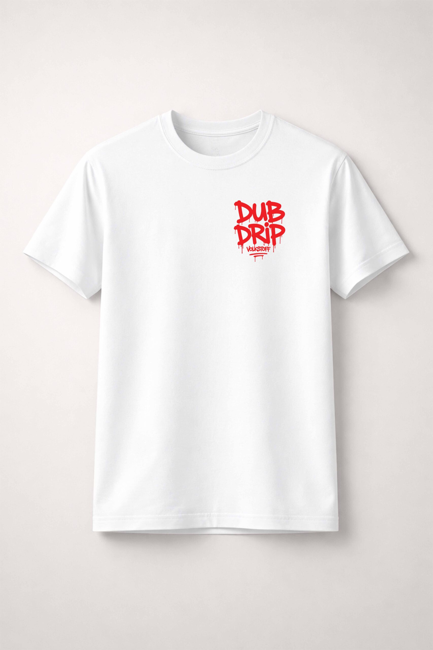 Dub Drip T-Shirt – White 10 Dub Drip T Shirt white front view red graffiti drip chest print with Volkstoff branding