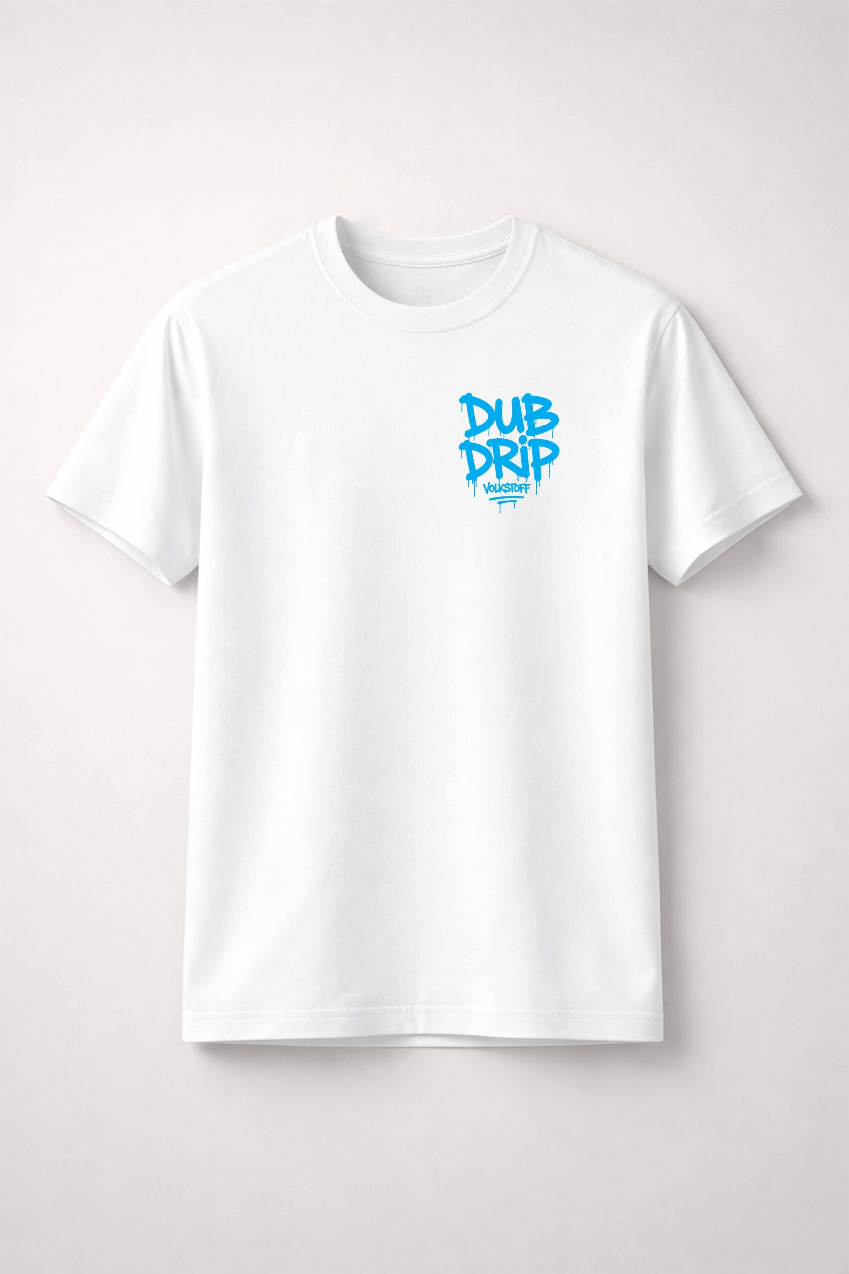 Dub Drip T-Shirt – White 14 Dub Drip T Shirt white front view VS blue graffiti drip chest print with Volkstoff branding