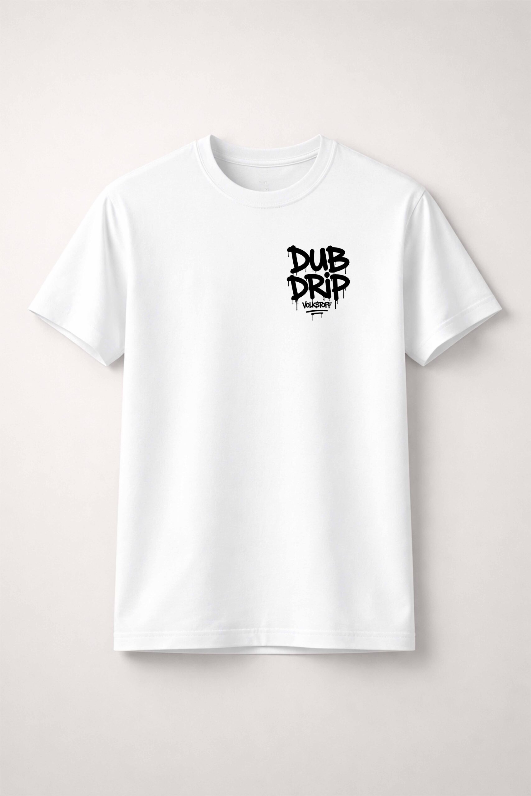 Dub Drip T-Shirt – White 2 Dub Drip T Shirt white front view black graffiti drip chest print with Volkstoff branding