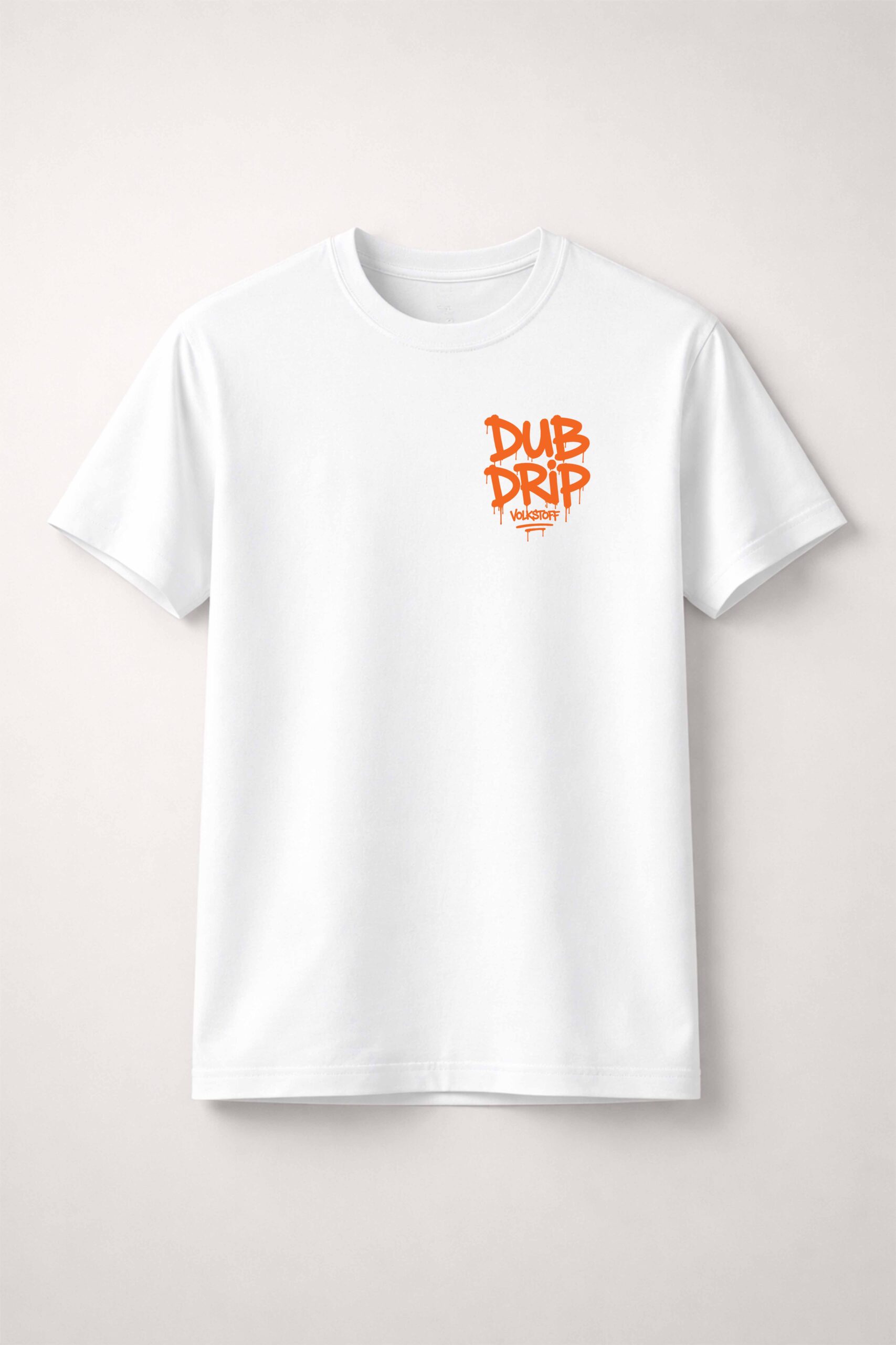 Dub Drip T-Shirt – White 6 Dub Drip T Shirt white front view burnt orange graffiti drip chest print with Volkstoff branding