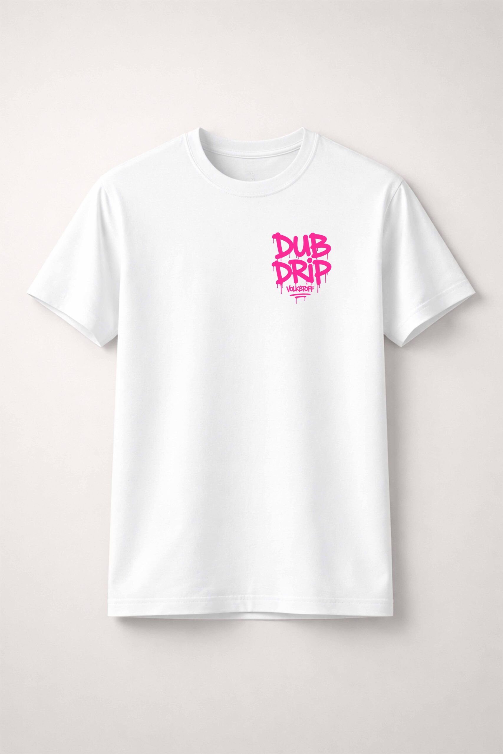 Dub Drip T-Shirt – White 8 Dub Drip T Shirt white front view hot pink graffiti drip chest print with Volkstoff branding