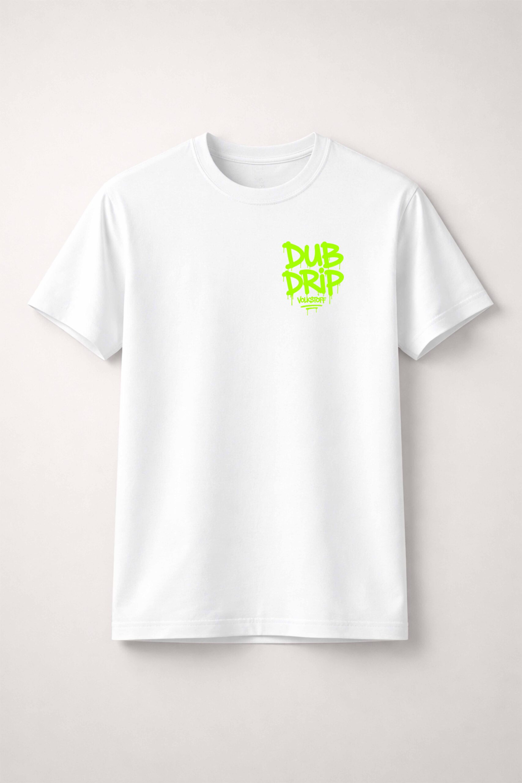 Dub Drip T-Shirt – White 12 Dub Drip T Shirt white front view toxic lime graffiti drip chest print with Volkstoff branding